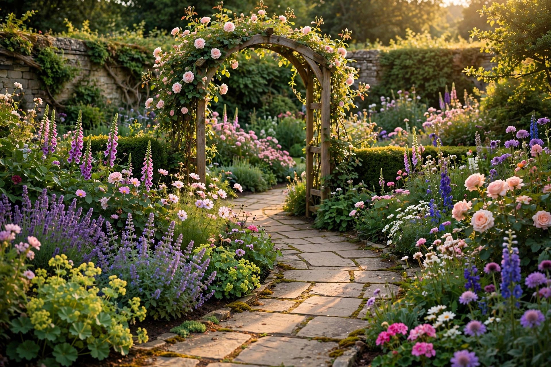 Planted garden with stone pathway at golden hour