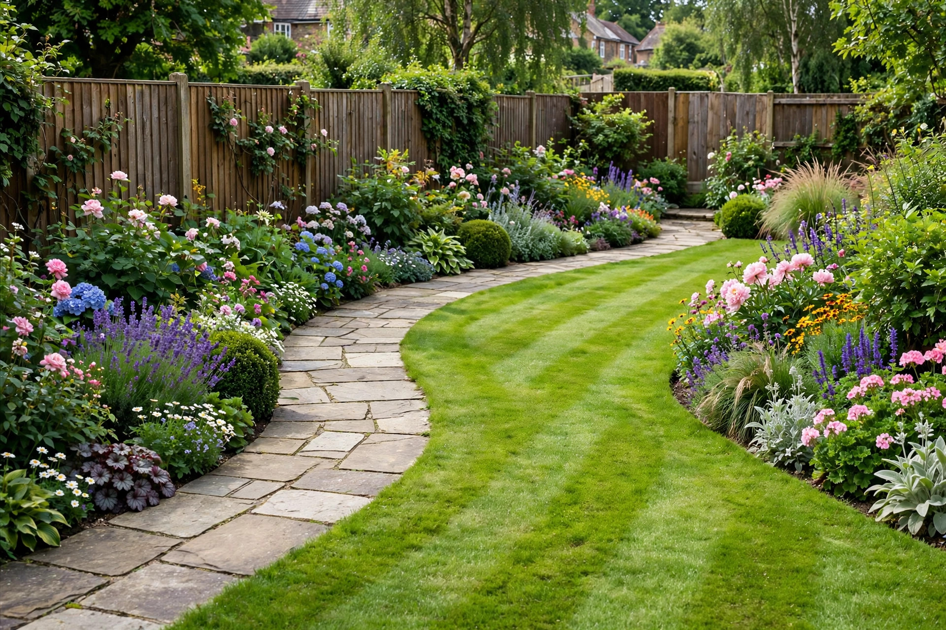 Landscaped garden with curved stone path and flower borders