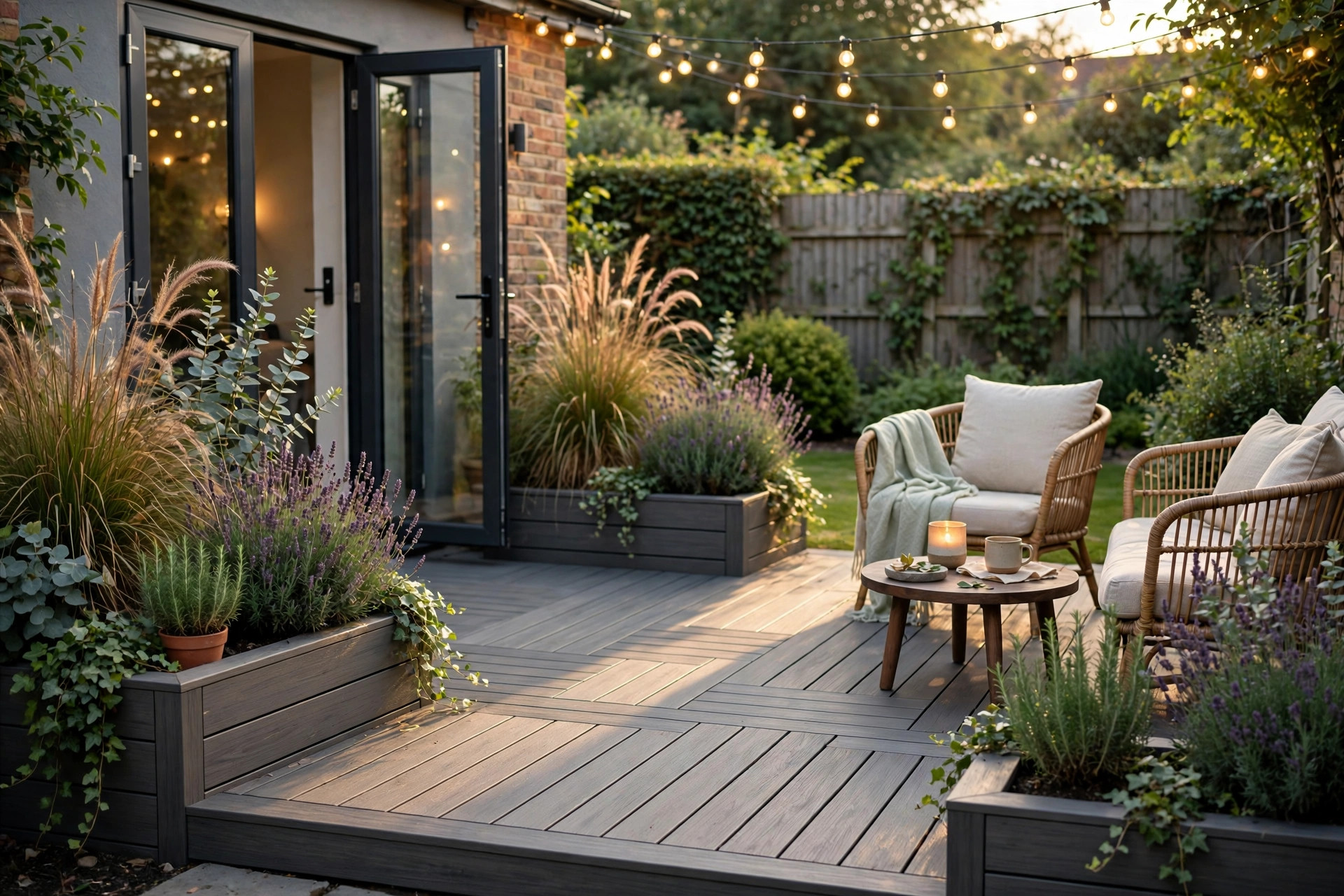 Composite decking area with planters and string lights