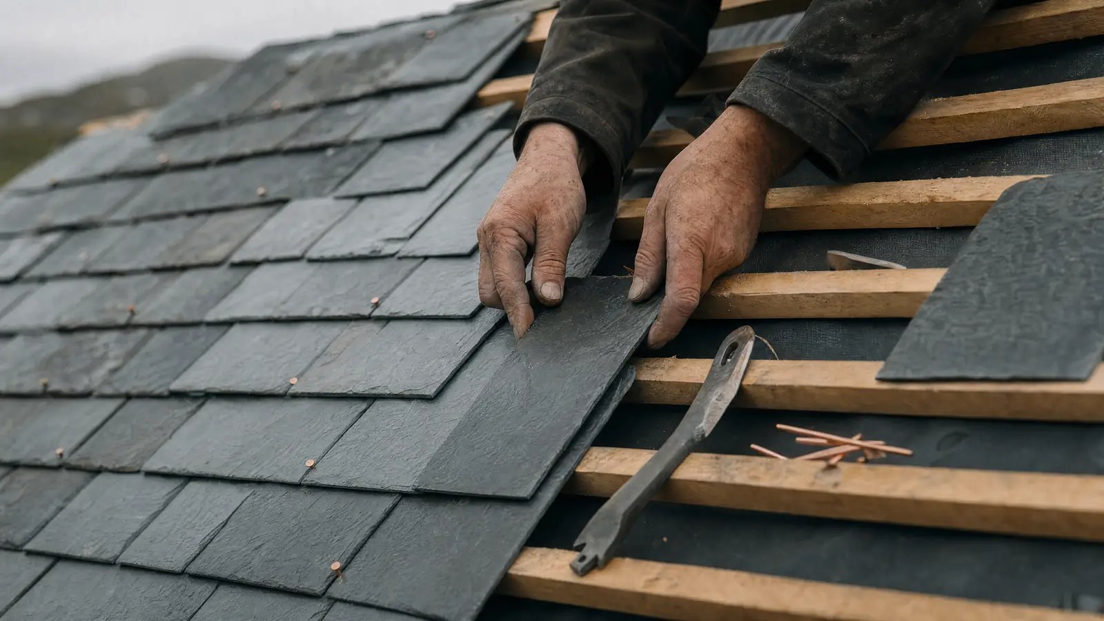 Close-up of hands and tools on a slate roof