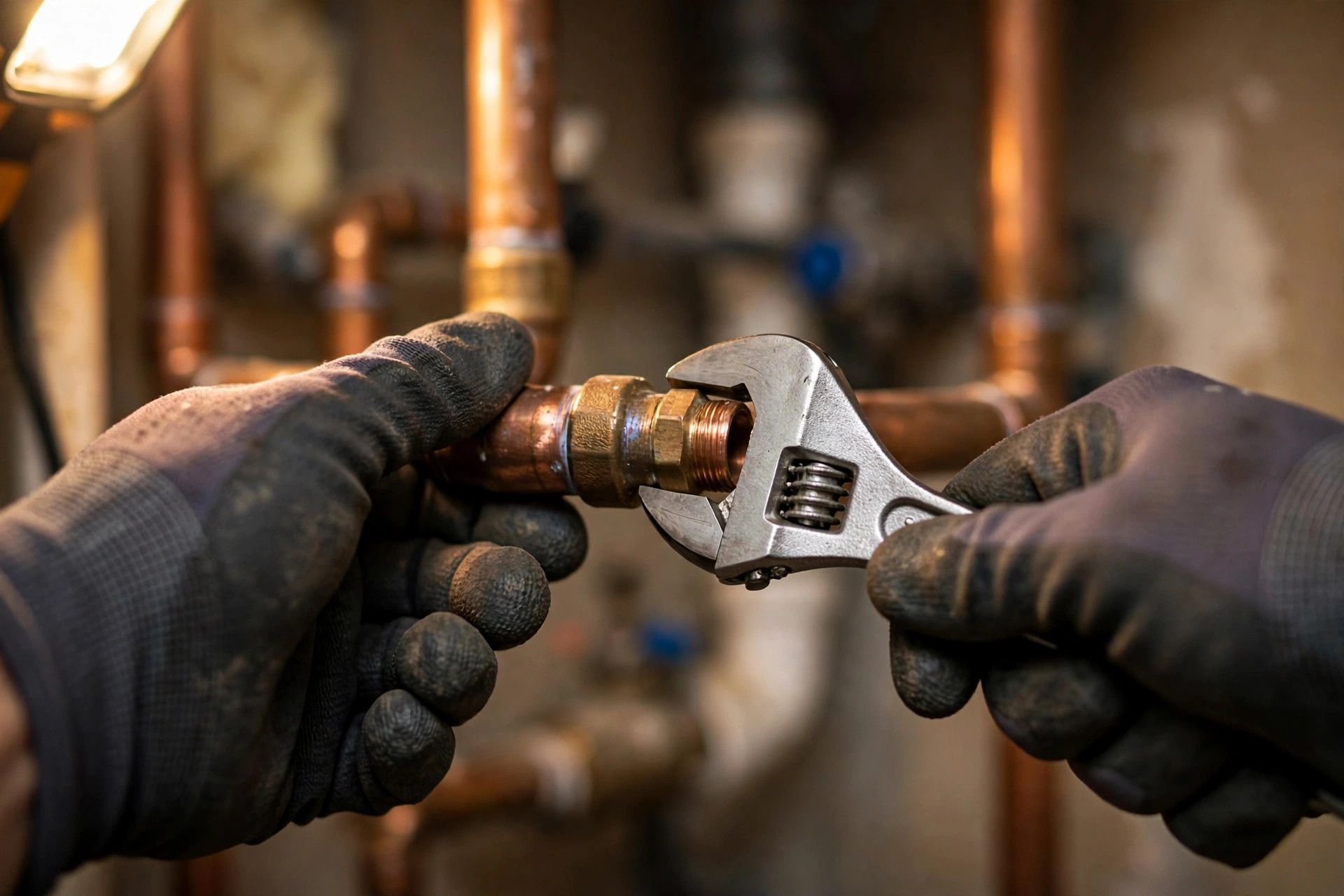 Plumber's hands tightening a copper pipe fitting with a wrench