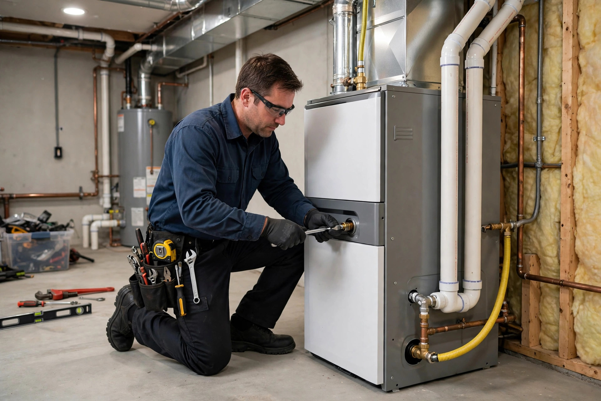 Technician installing a high-efficiency furnace in a Calgary home