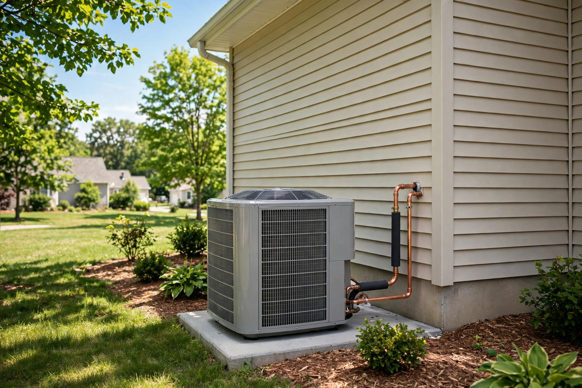 New air conditioner installed beside a home
