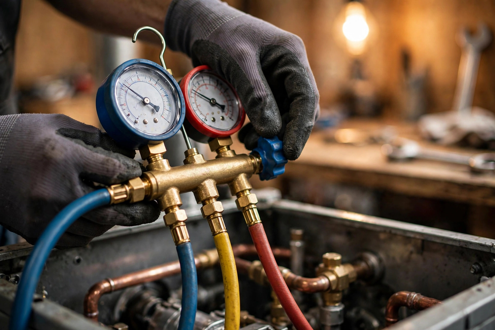 Technician checking furnace gauges during maintenance