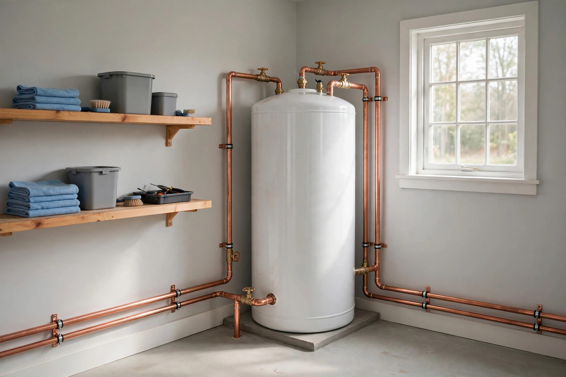 New hot water tank installed in a utility room