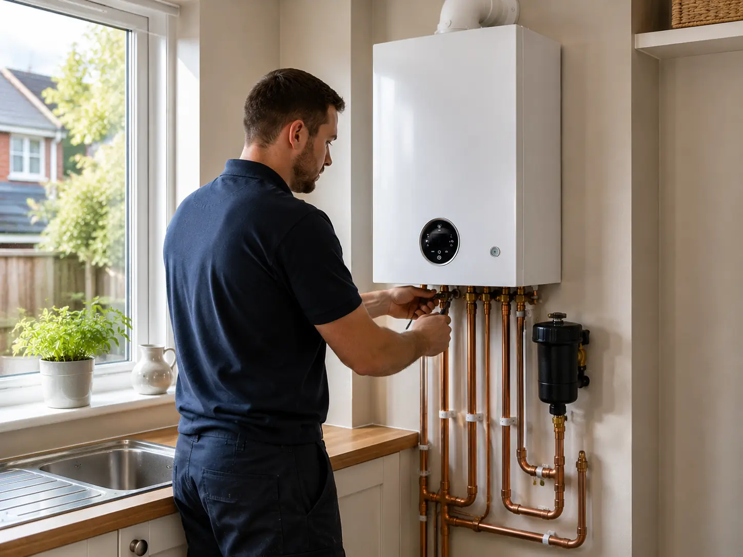 Gas engineer installing a boiler