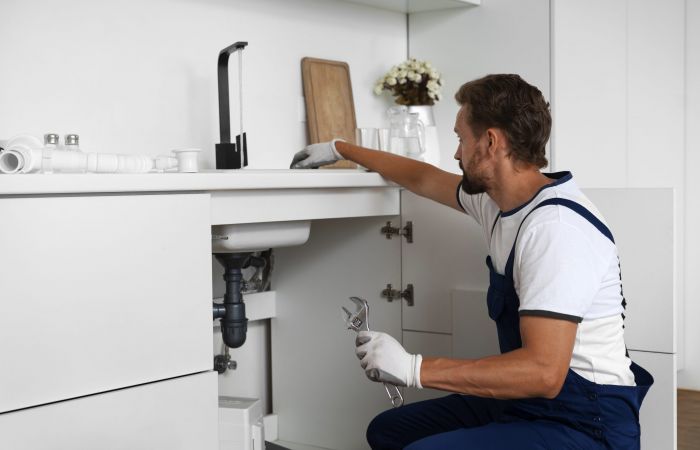 Plumber repairing pipes under a kitchen sink