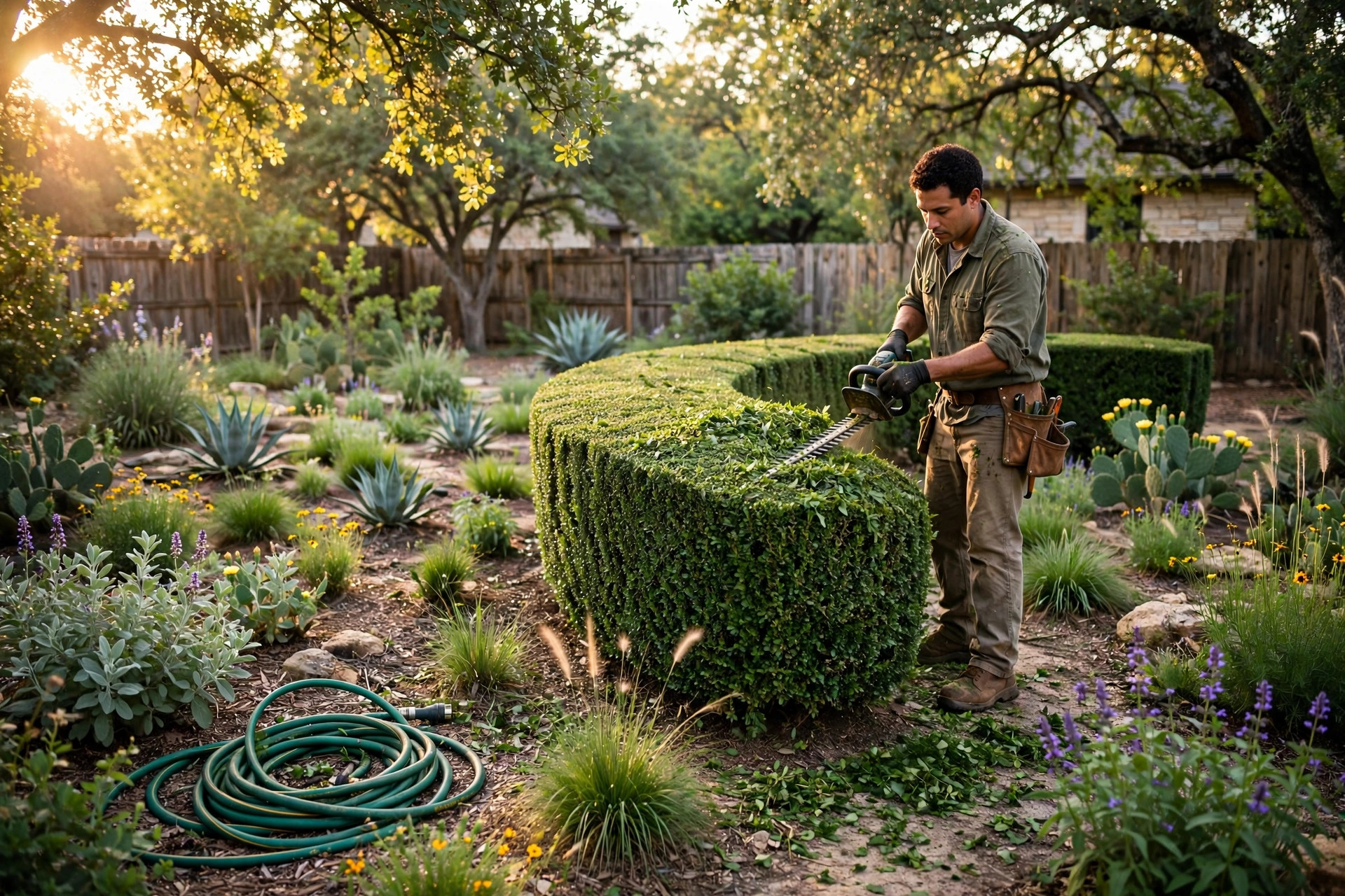 Landscaper trimming a shaped hedge in a lush Austin backyard garden