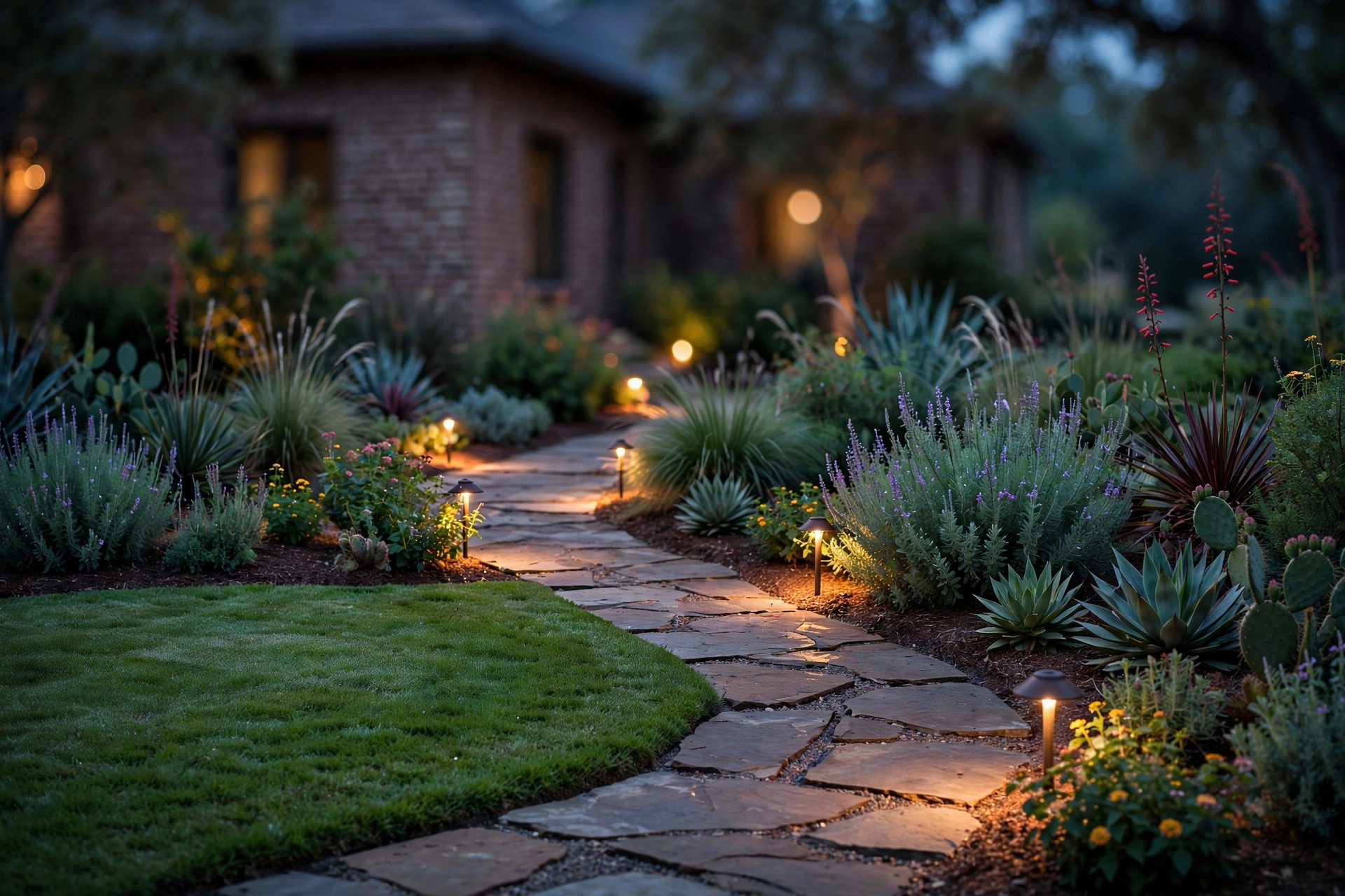 Native Texas garden at dusk with stone path and landscape lighting