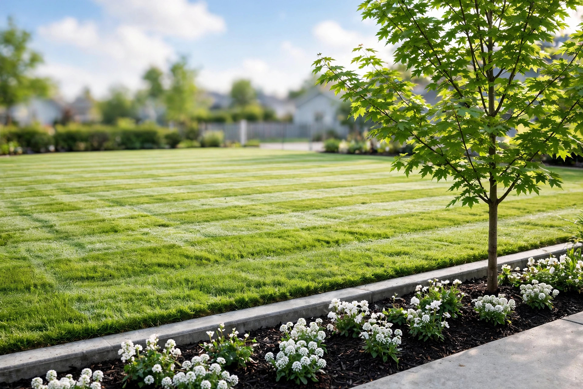 Freshly mowed lawn with crisp stripes, clean edging, and a flower bed in morning light