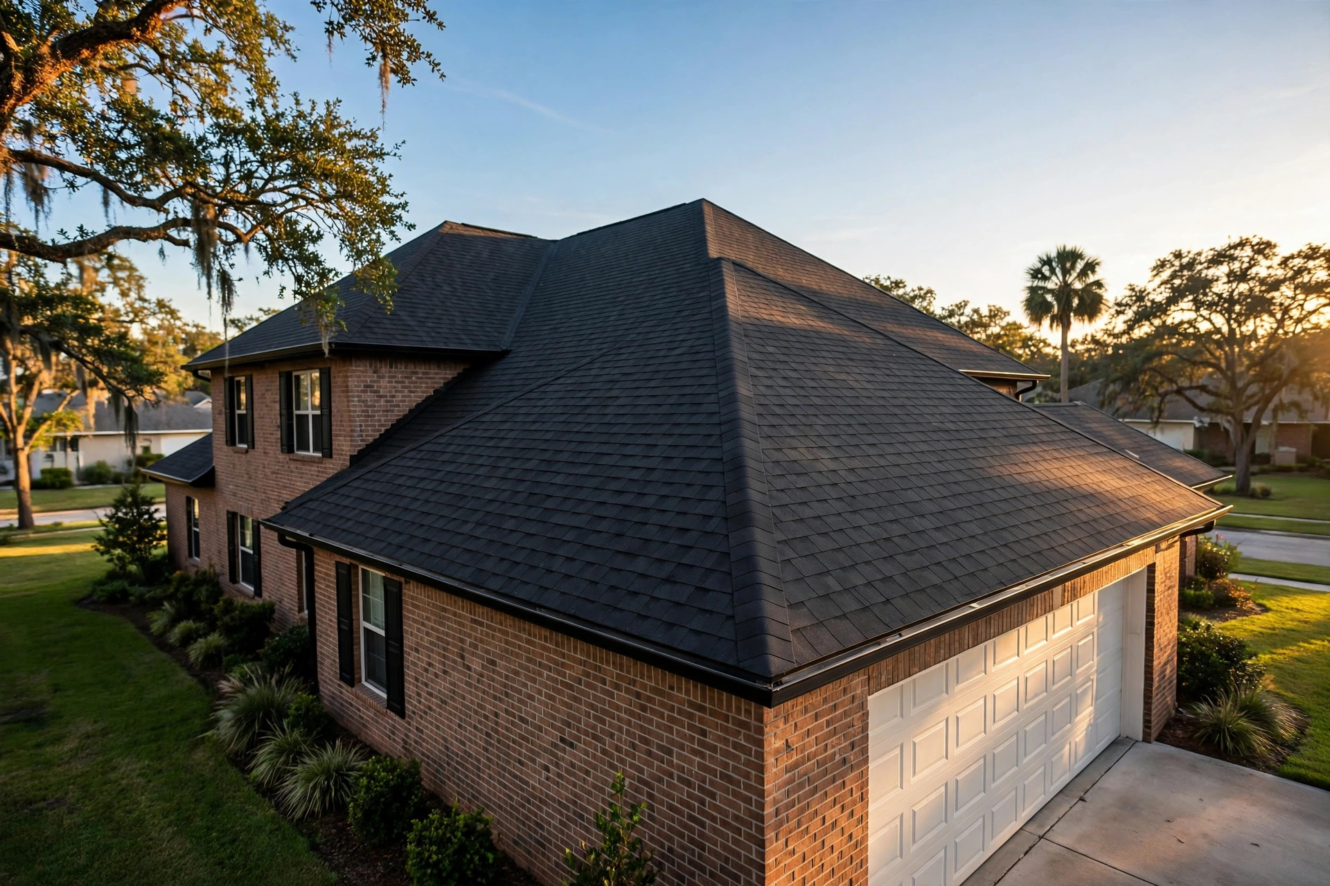New shingle roof on a Houston home at golden hour
