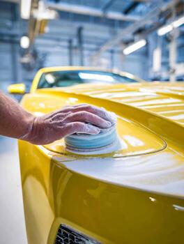 Machine polishing paintwork in a detailing bay