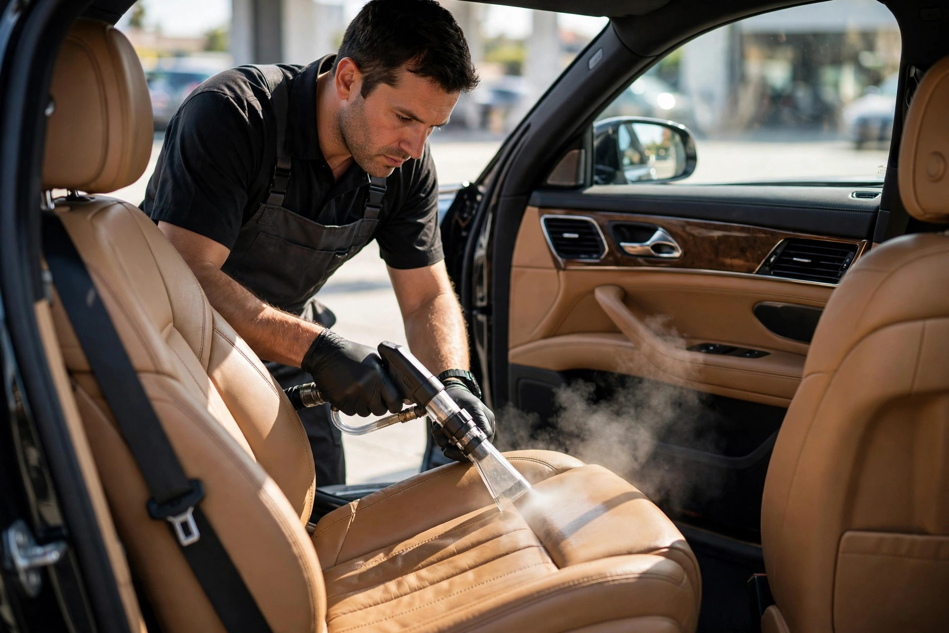 Technician deep-cleaning a car interior