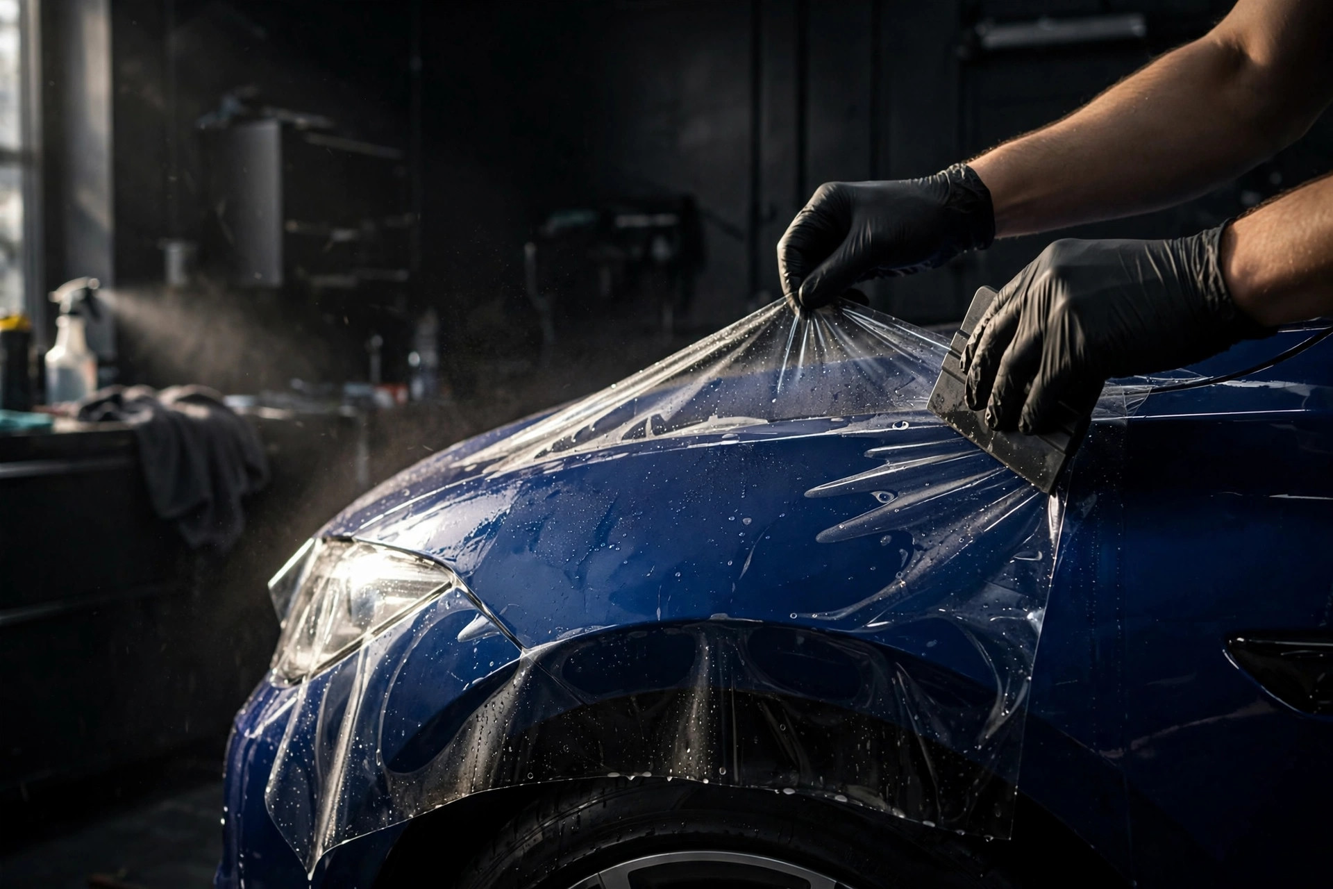 Paint protection film being installed on a car fender