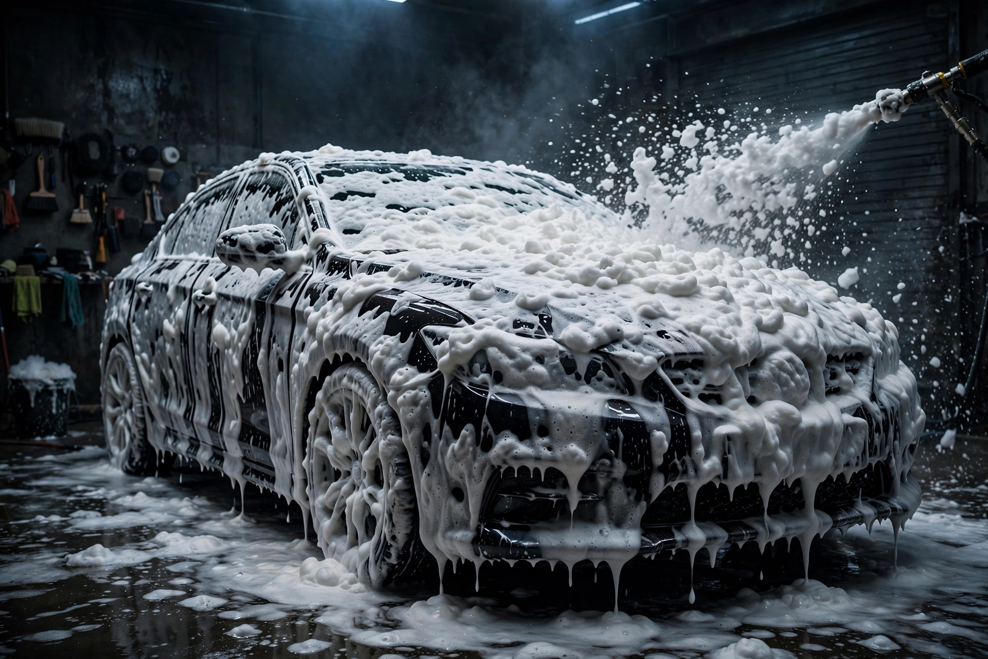 Thick foam covering a car during a foam cannon wash