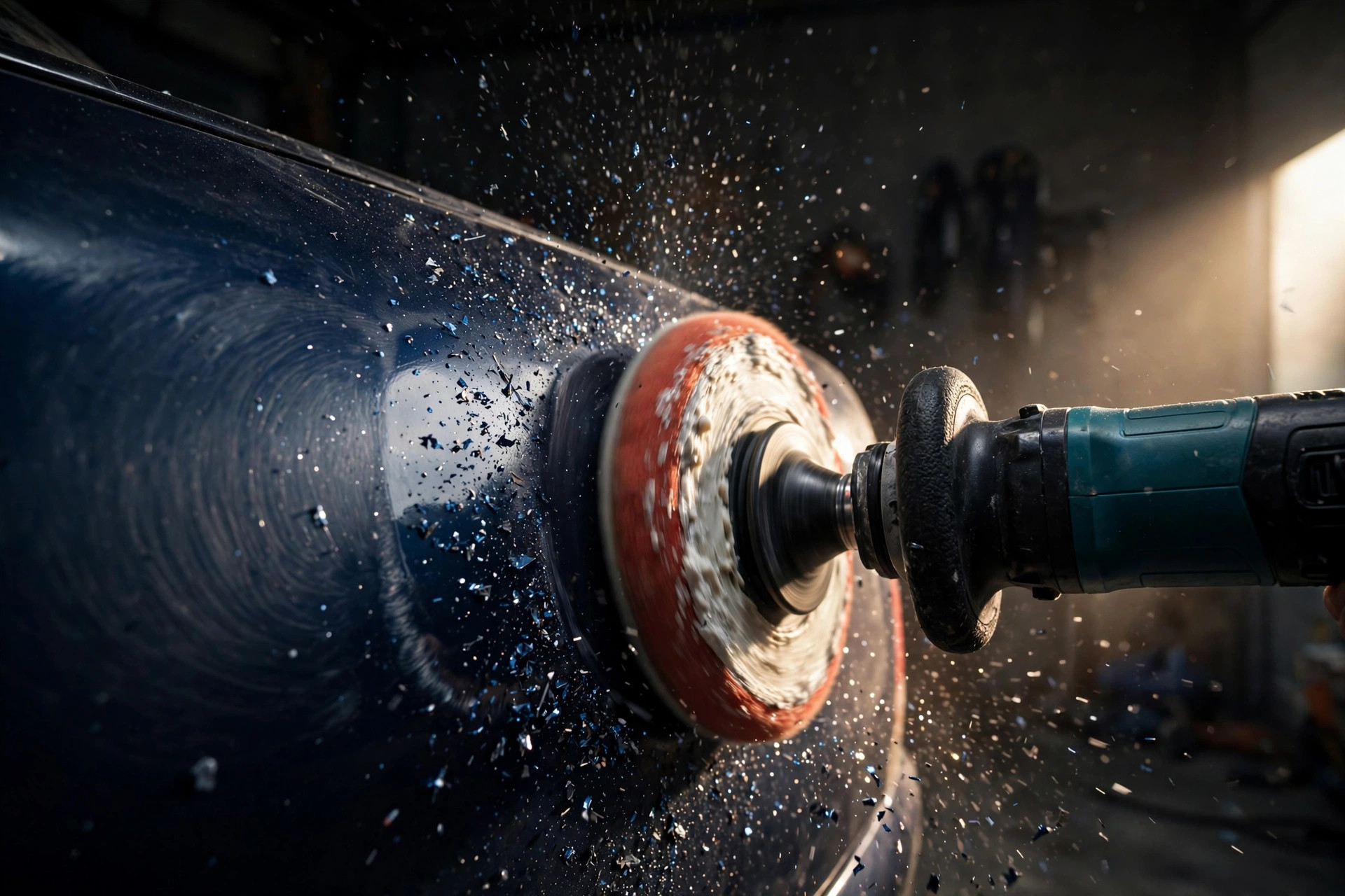 Rotary polisher correcting paint on a car door