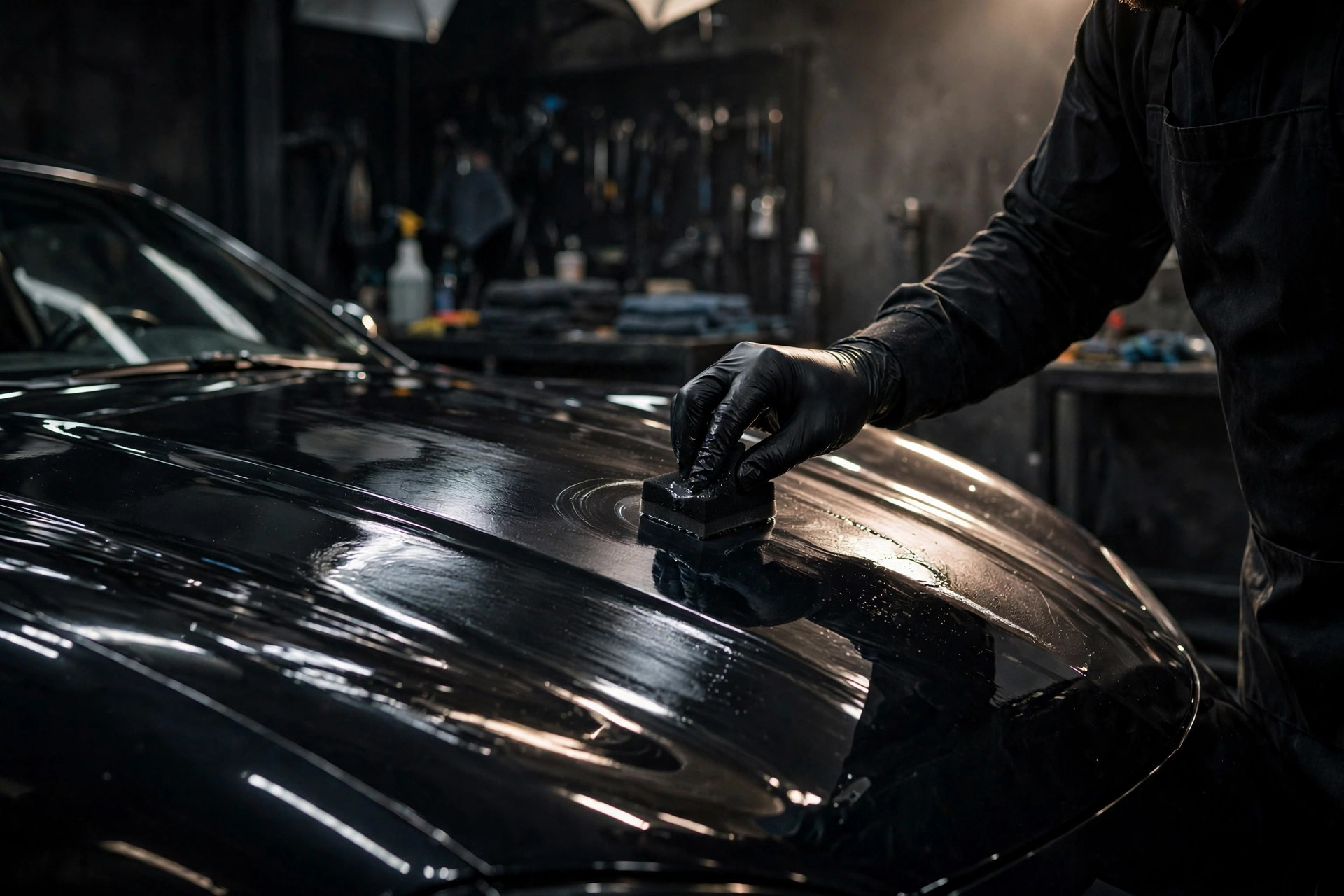 Detailer applying ceramic coating to a dark sports car
