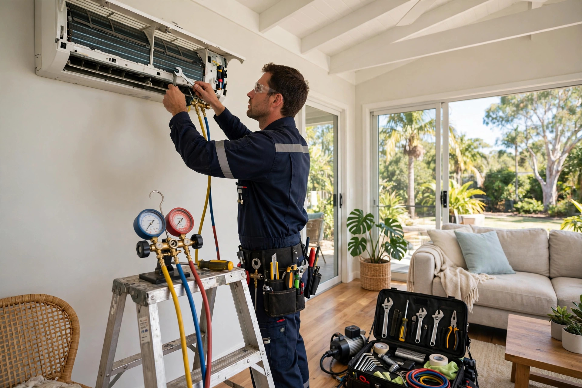 Illustrative photo of a split system air conditioner in a Brisbane home