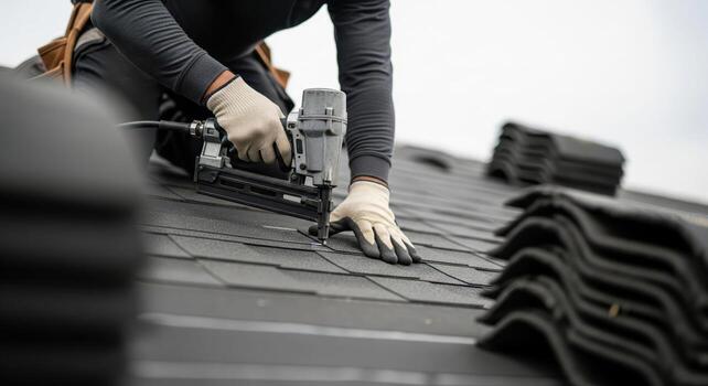 Roofer installing architectural shingles on a home