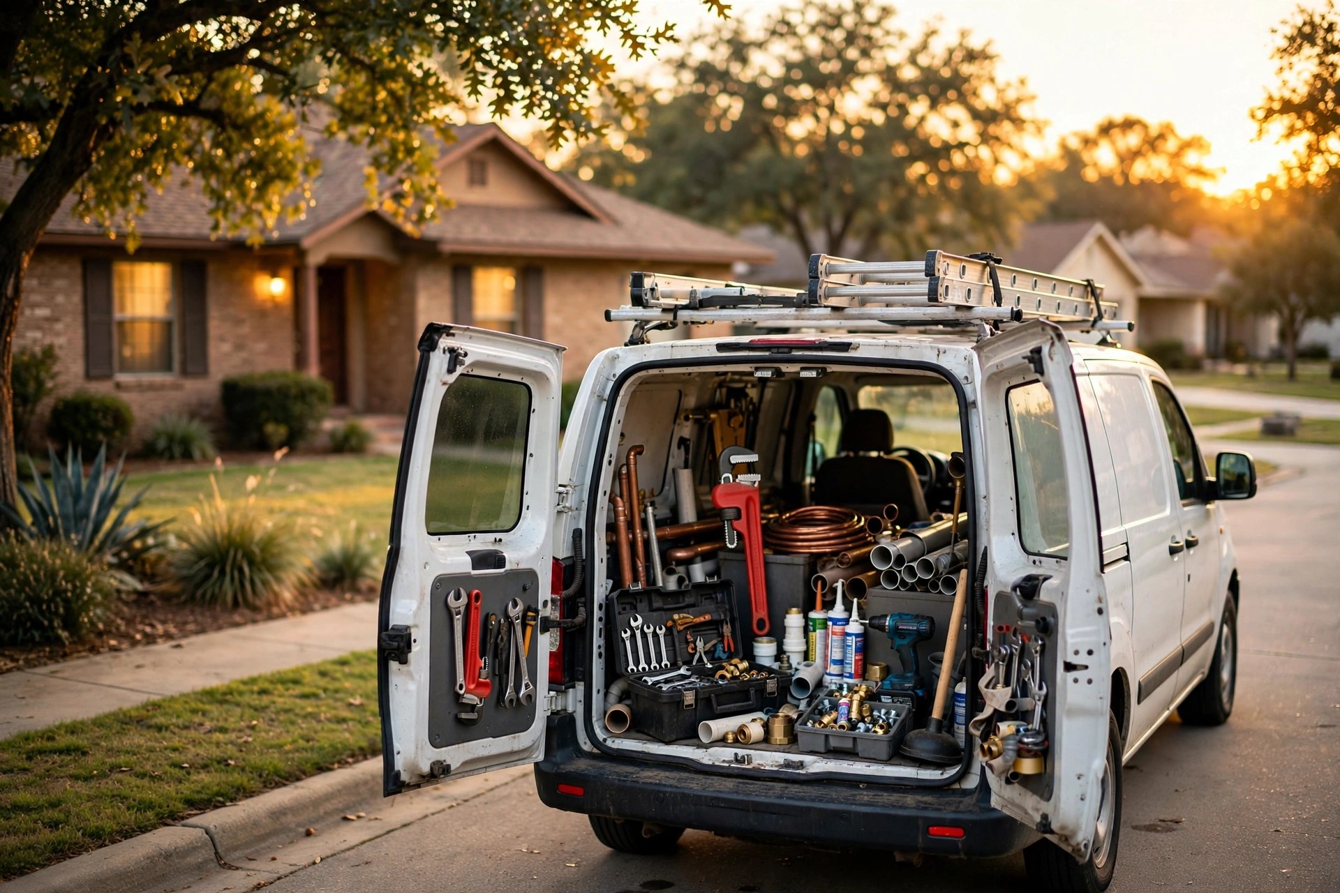 Plumber's van at a Dallas home at golden hour