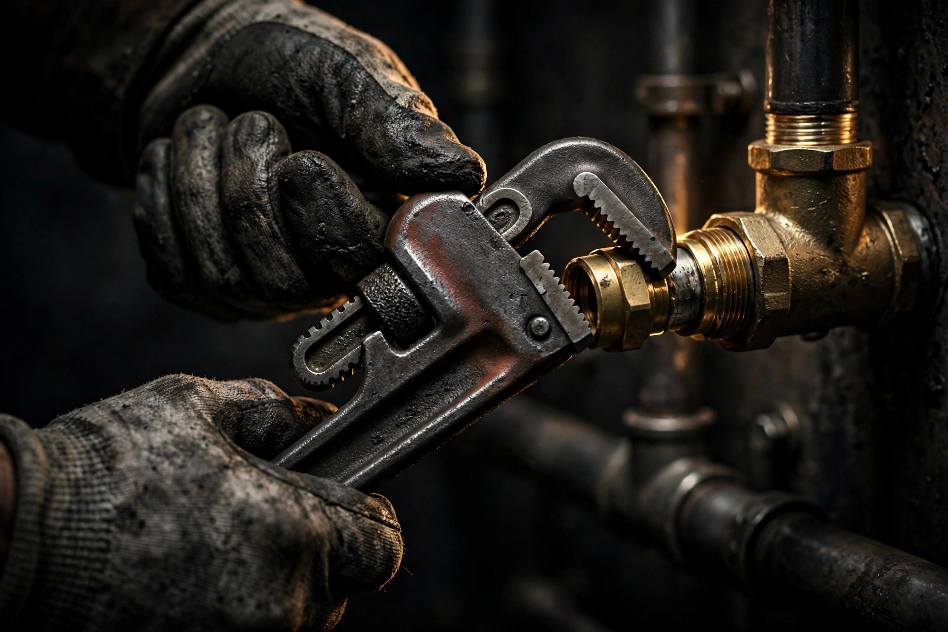 Hands tightening a brass pipe fitting