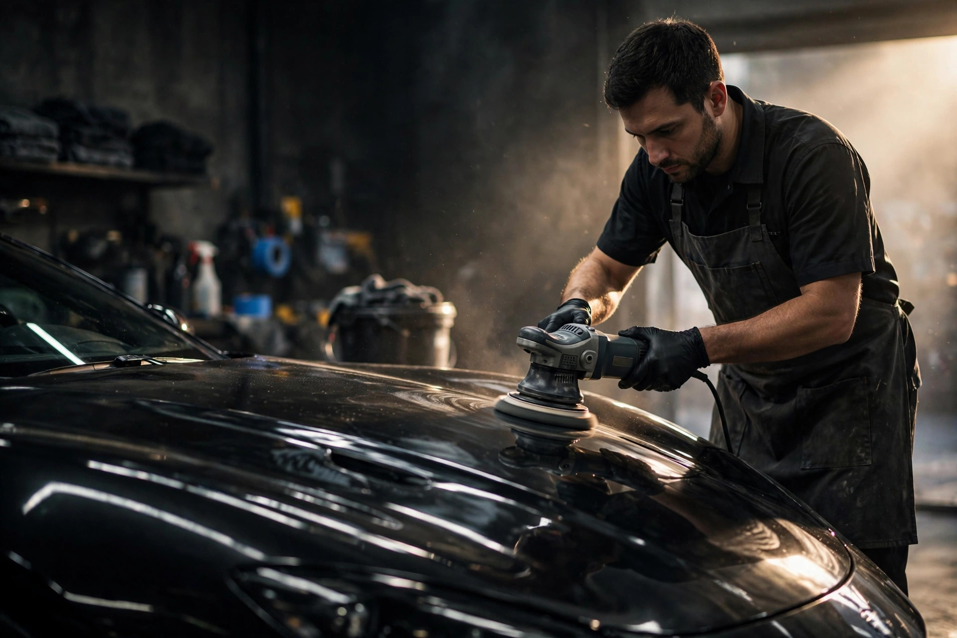 Detailer machine-polishing a dark car in a Christchurch detailing studio