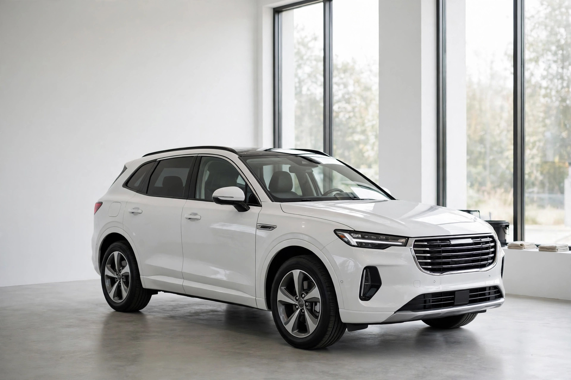 Freshly detailed car in a bright, minimal detailing studio