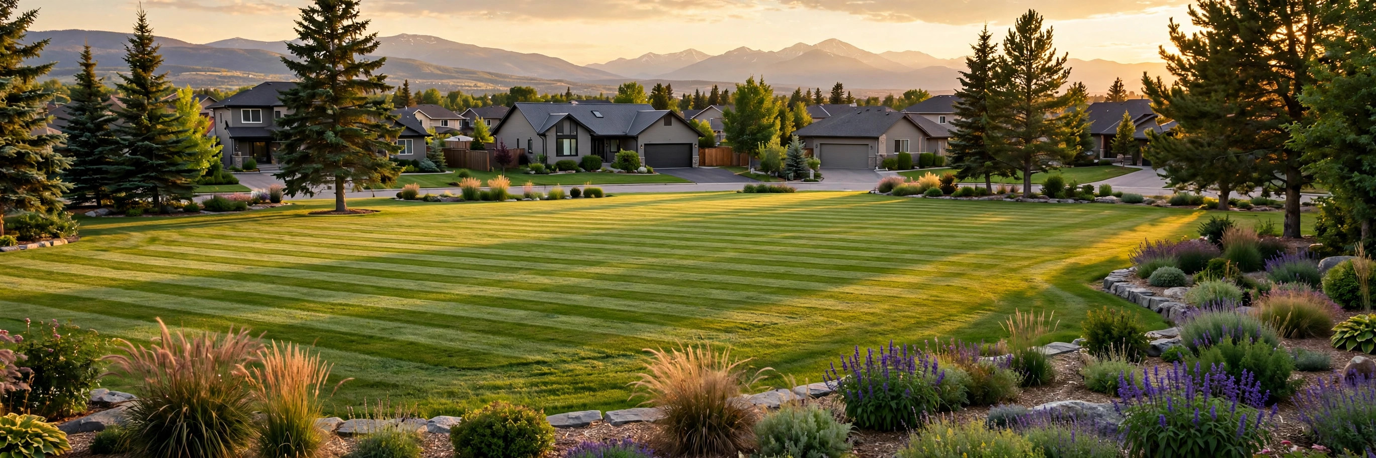 Freshly mowed lawn with stripes at golden hour