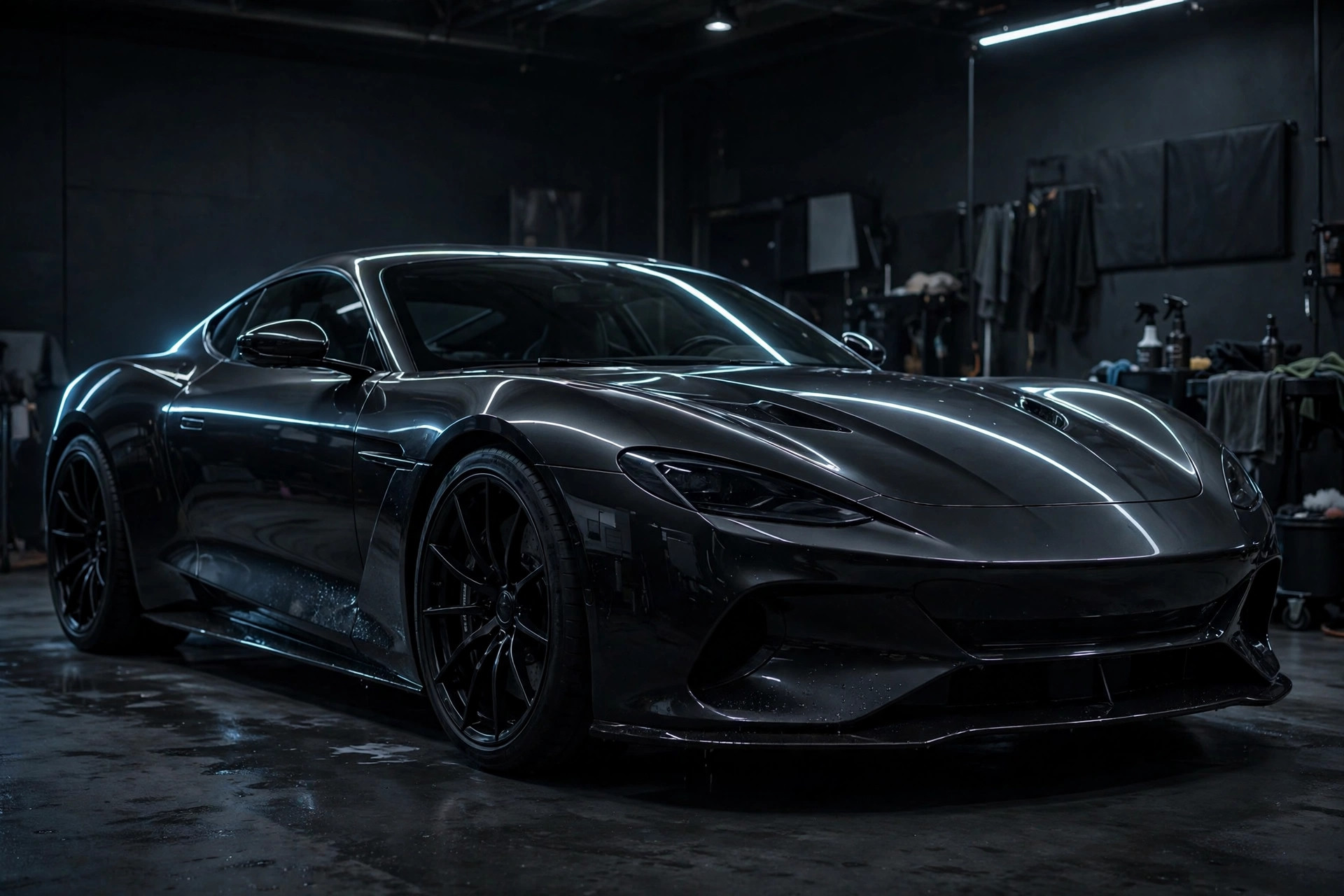 Black sports car in a dark detailing studio
