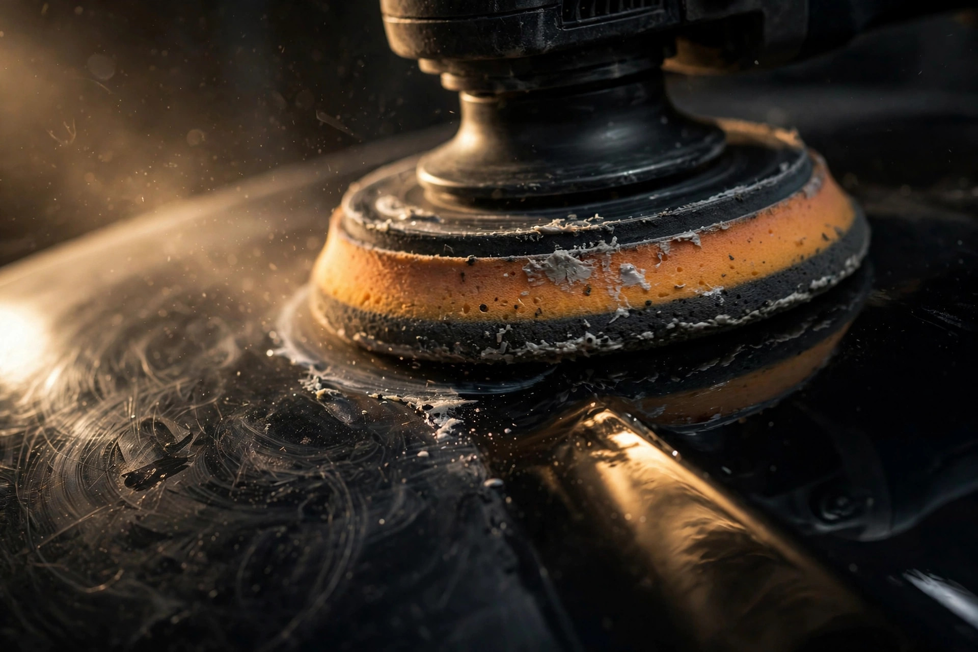 Machine polishing black paint, close-up