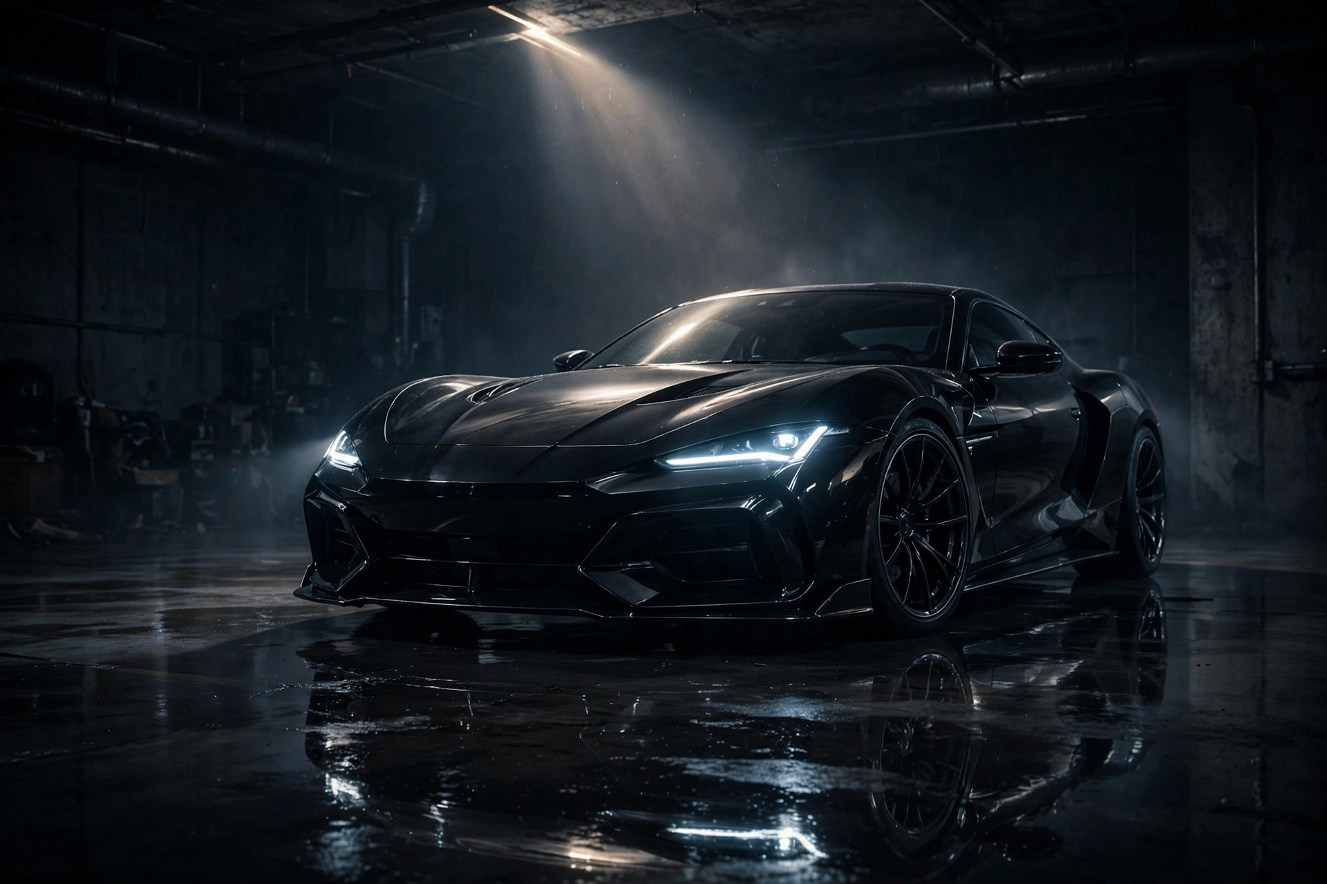 Black sports car in a dark garage at night