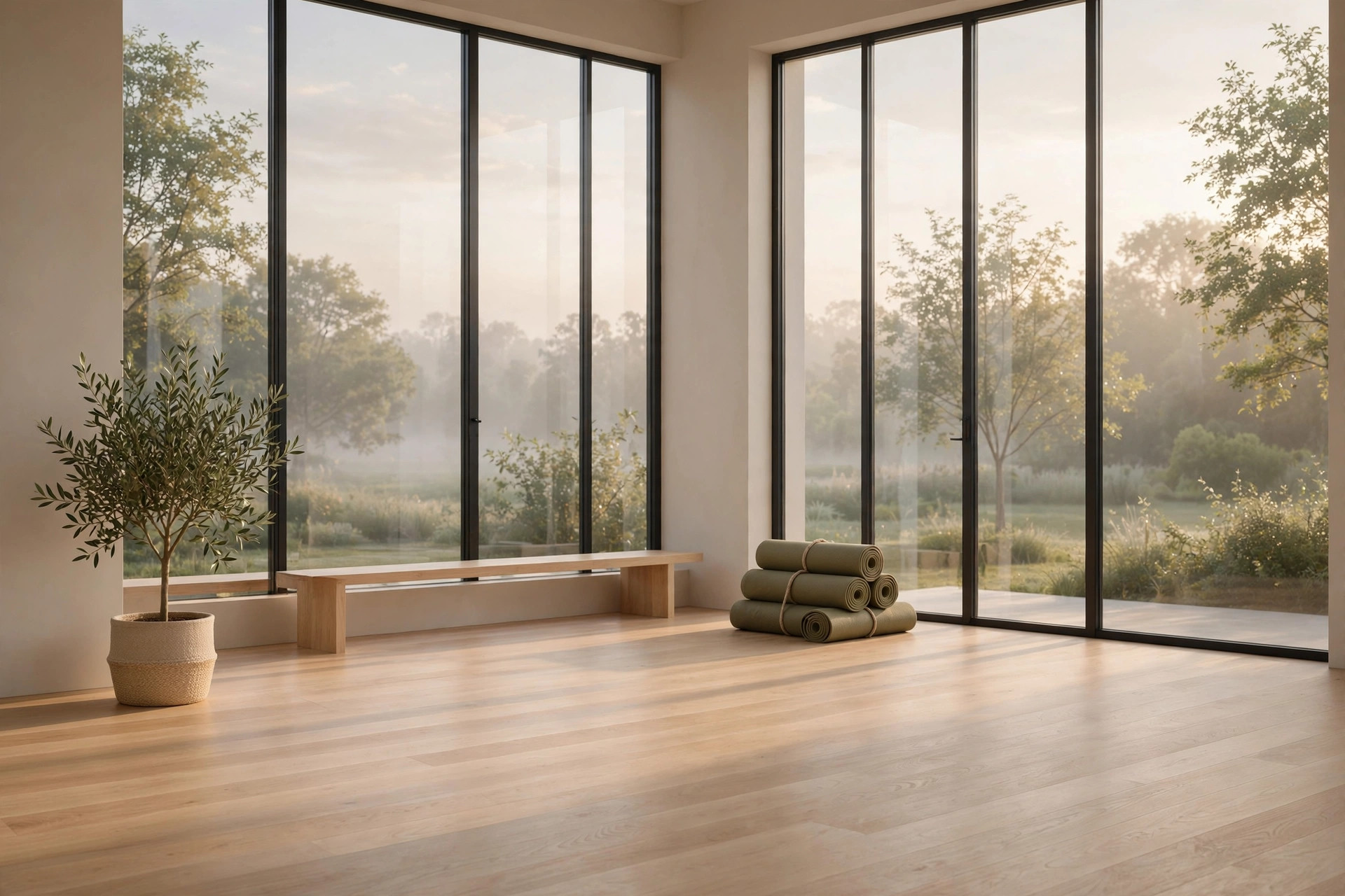 Yoga practice room at dawn