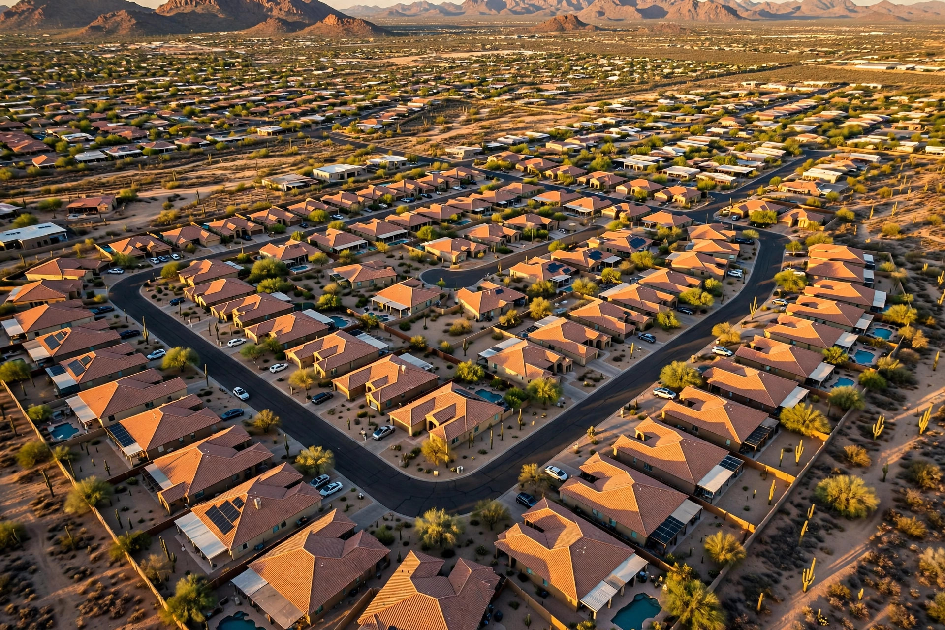 Aerial view of a Scottsdale neighborhood with terracotta tile roofs at golden hour