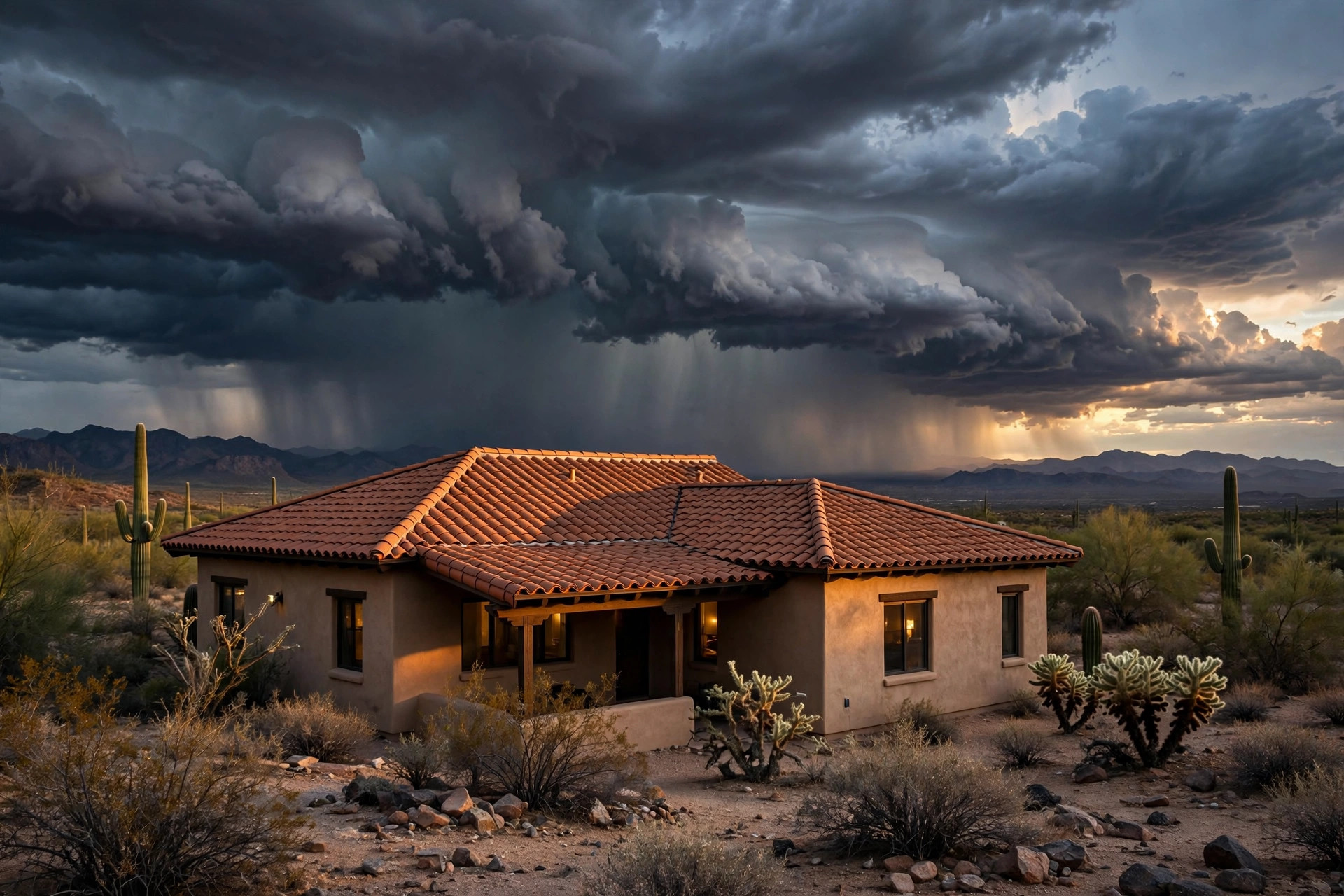 Monsoon storm clouds gathering over a desert home with a tile roof