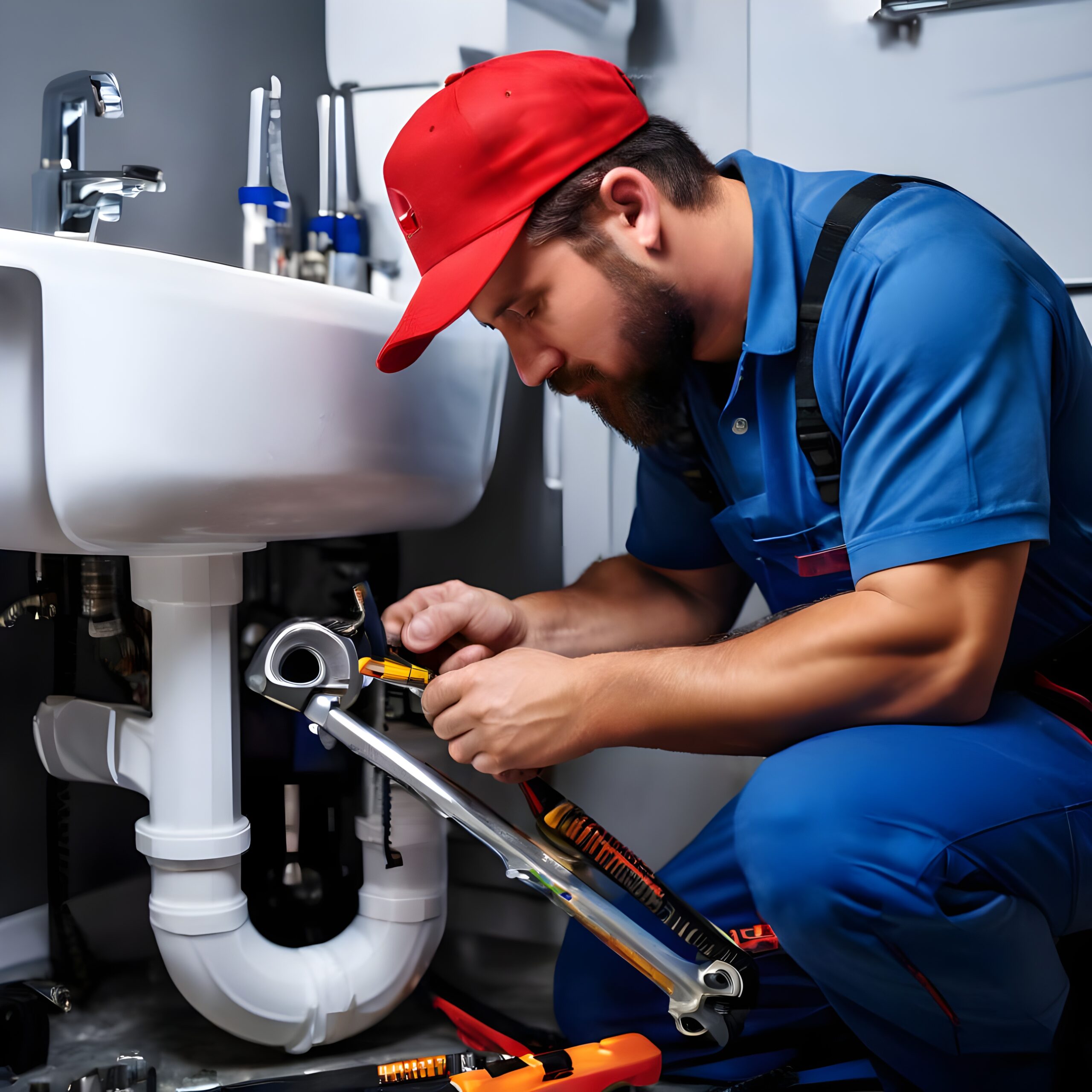 Plumber at work on a sink drain line