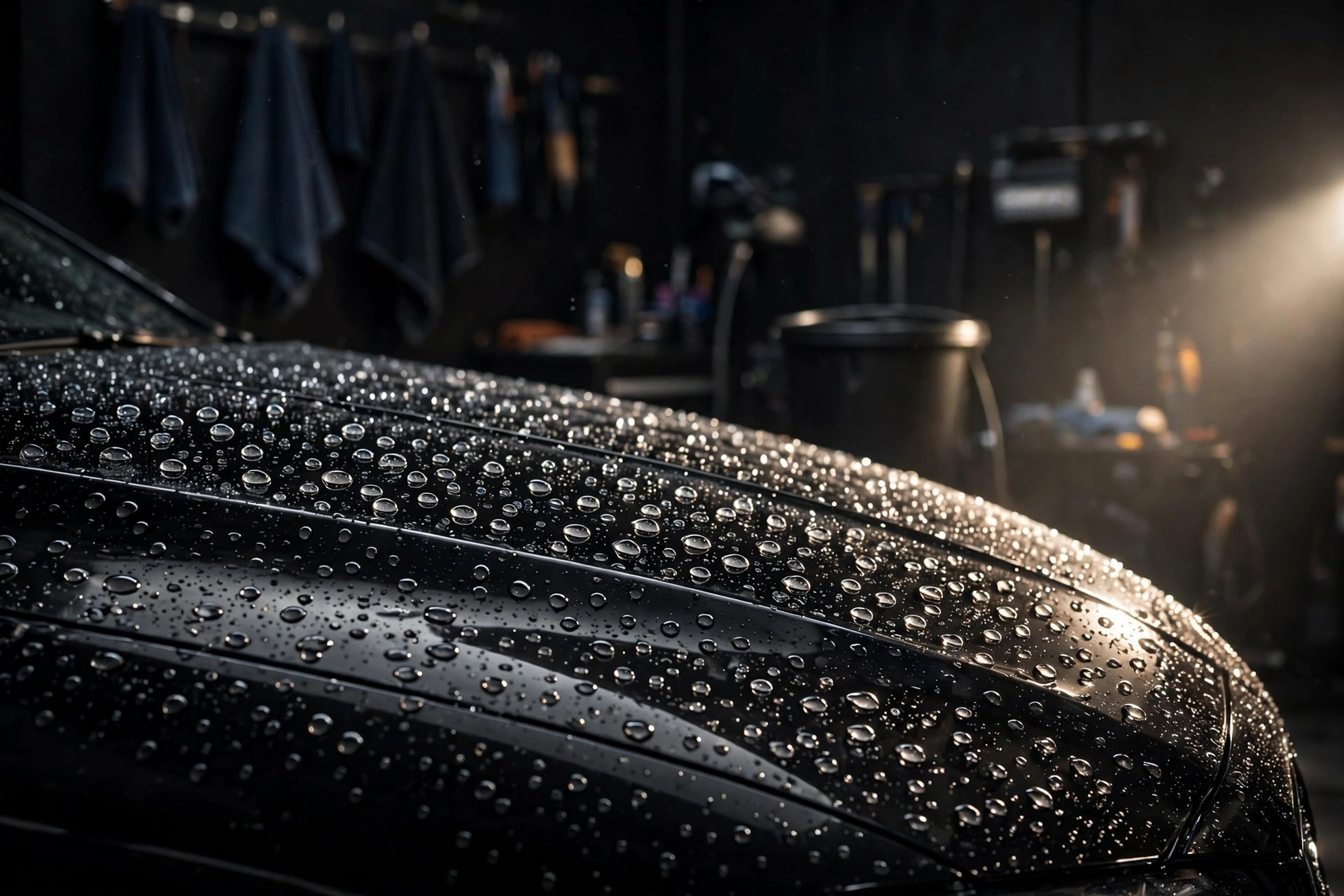 Freshly detailed black car hood with water beading in a dark studio