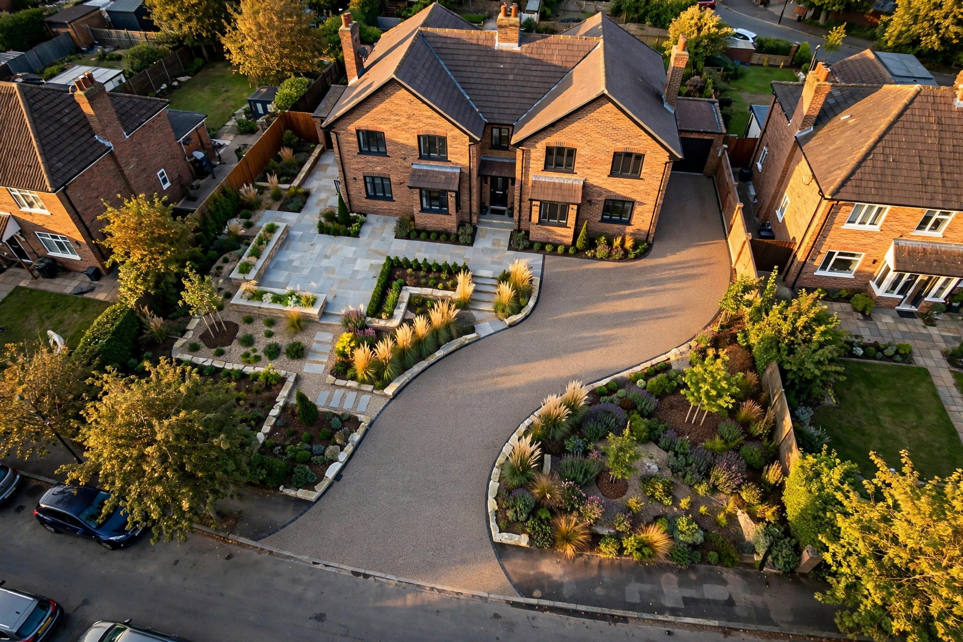 Aerial view of a resin bound driveway and landscaped garden