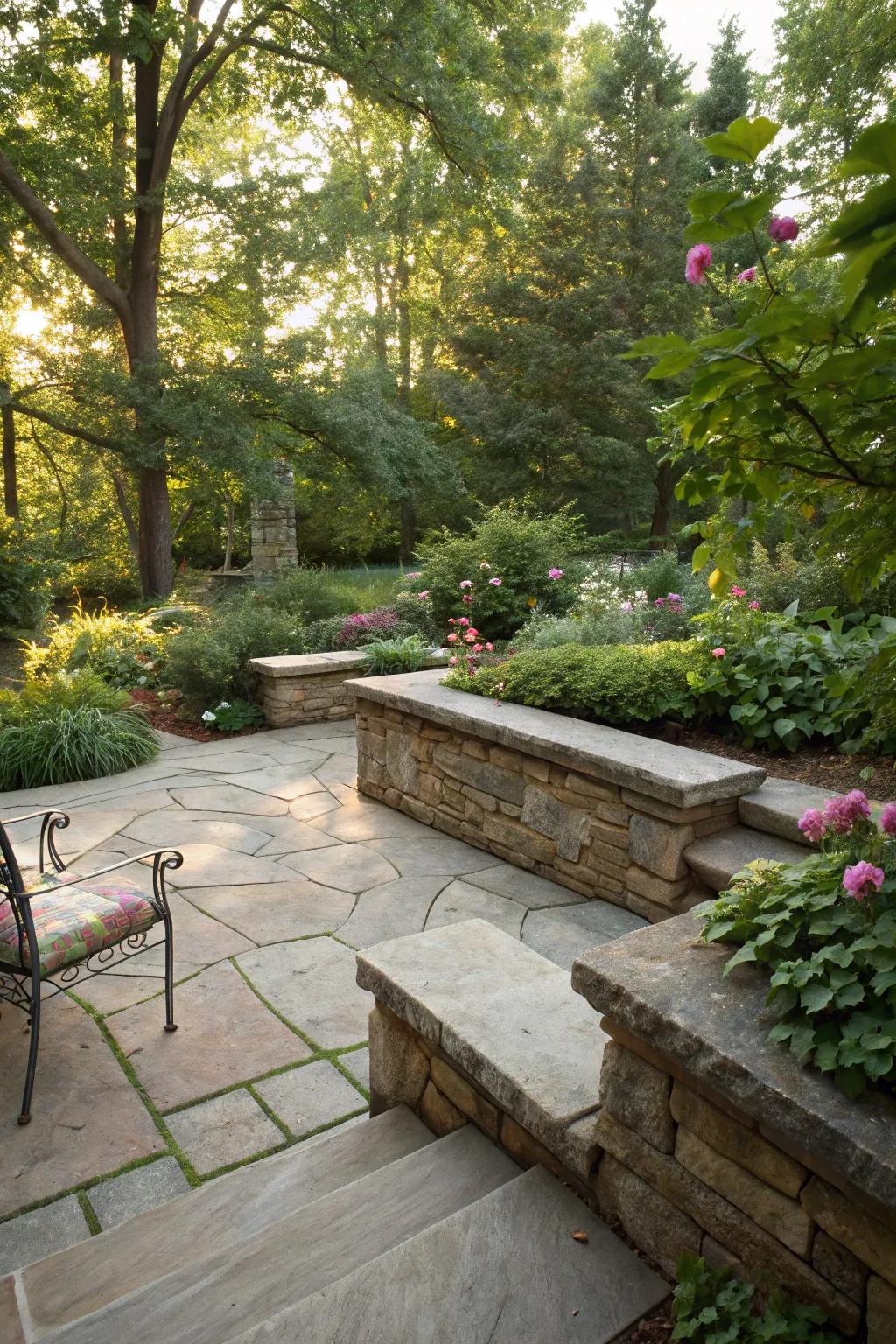 Natural stone patio with seat walls