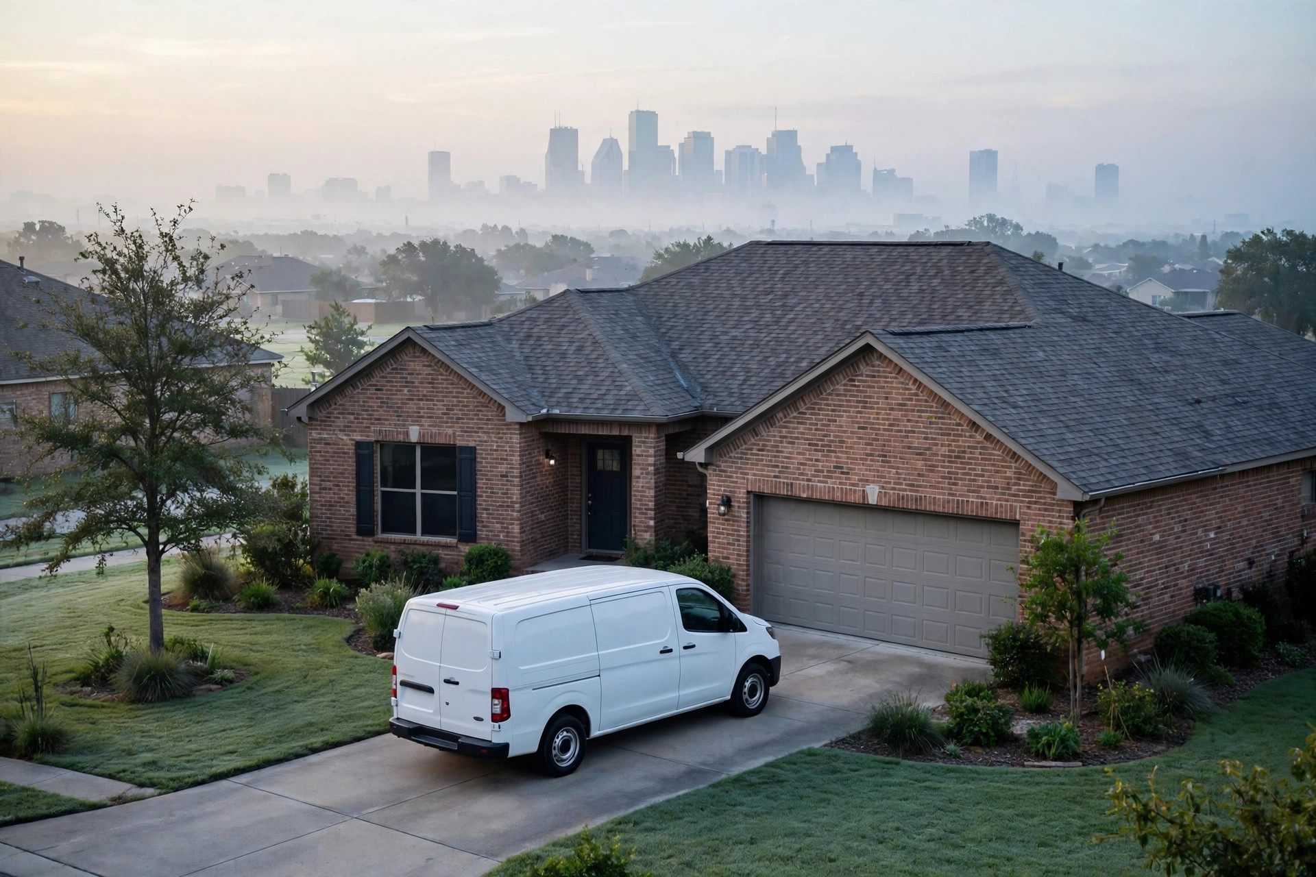 Service van at a Houston home at dawn