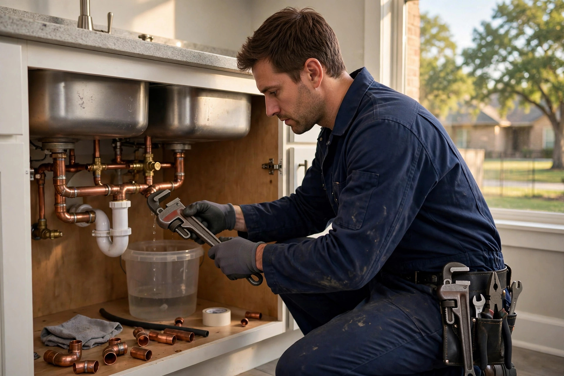 Turbo technician repairing plumbing under a kitchen sink in a Houston home
