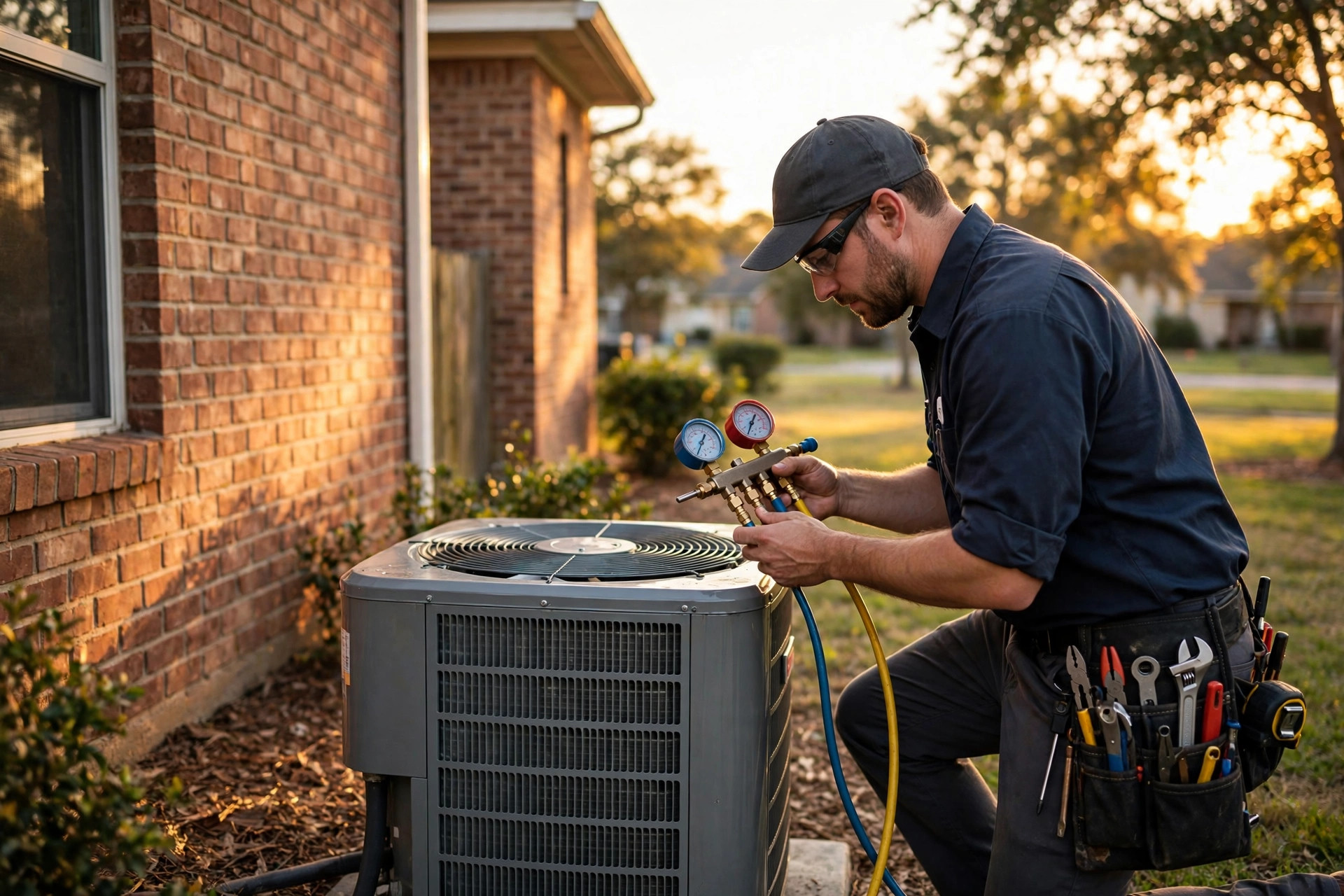 Turbo technician servicing an outdoor AC condenser at a Houston home