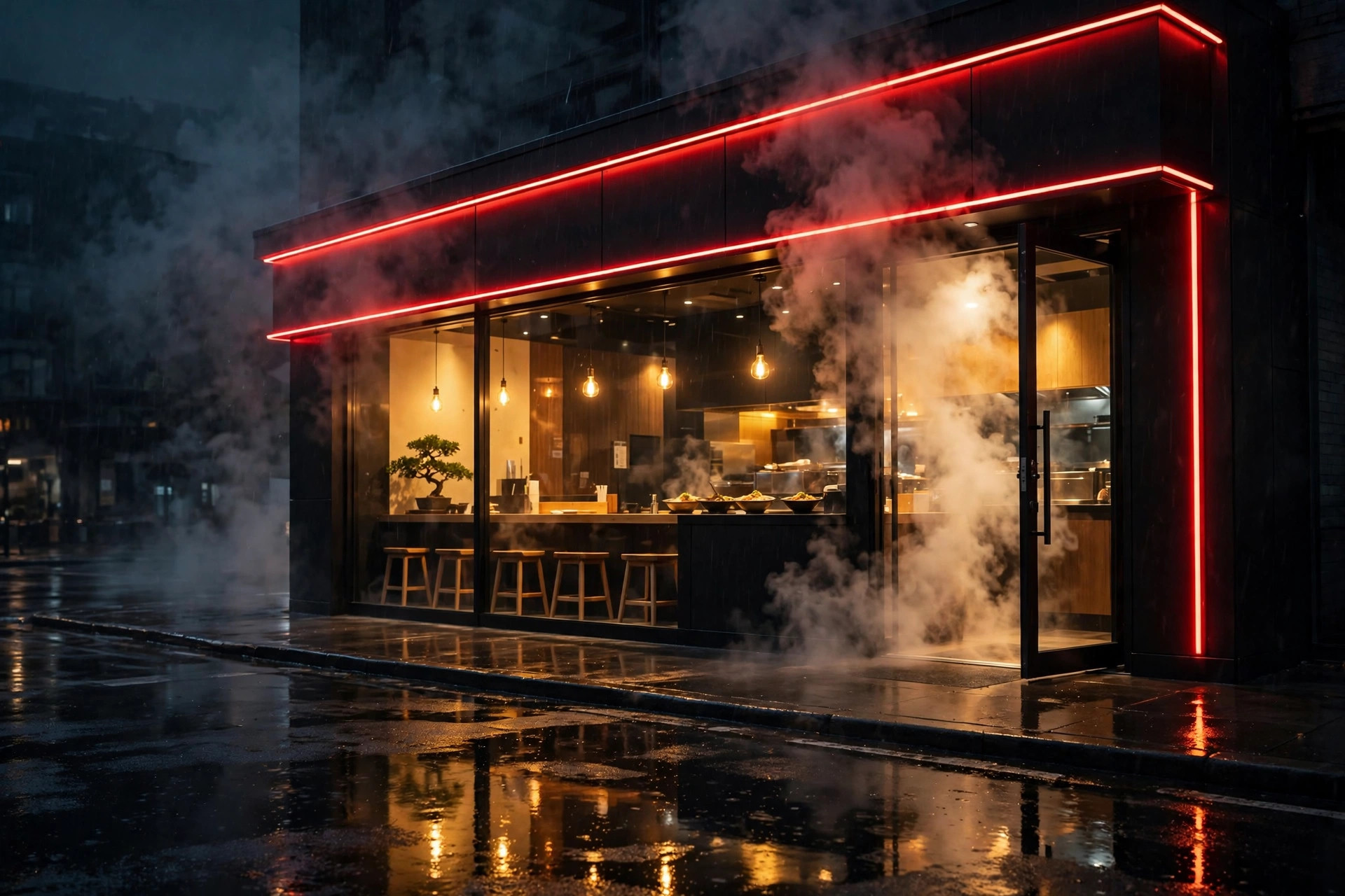 Ultra House storefront glowing at night