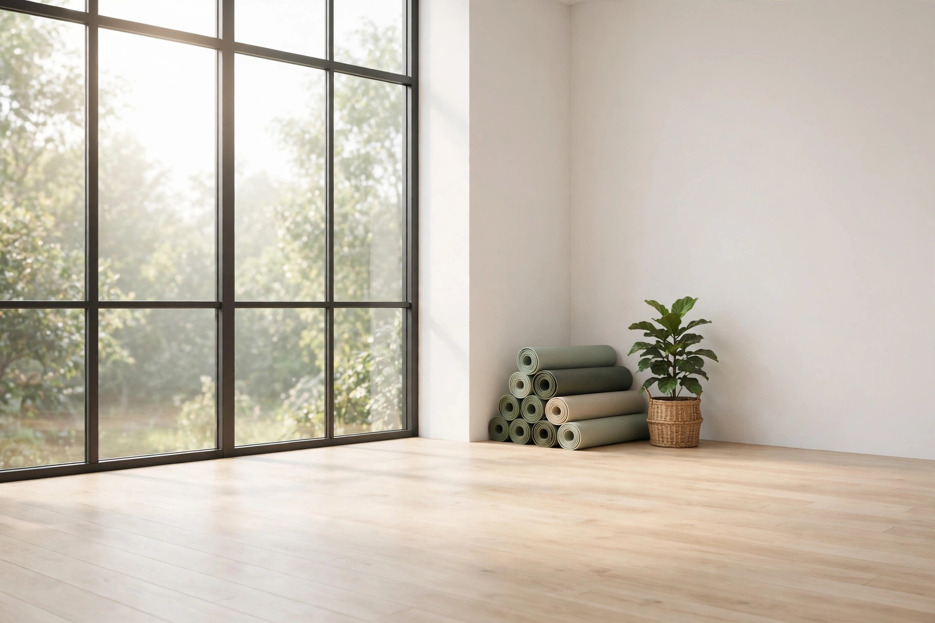 Bright empty yoga studio with wooden floors