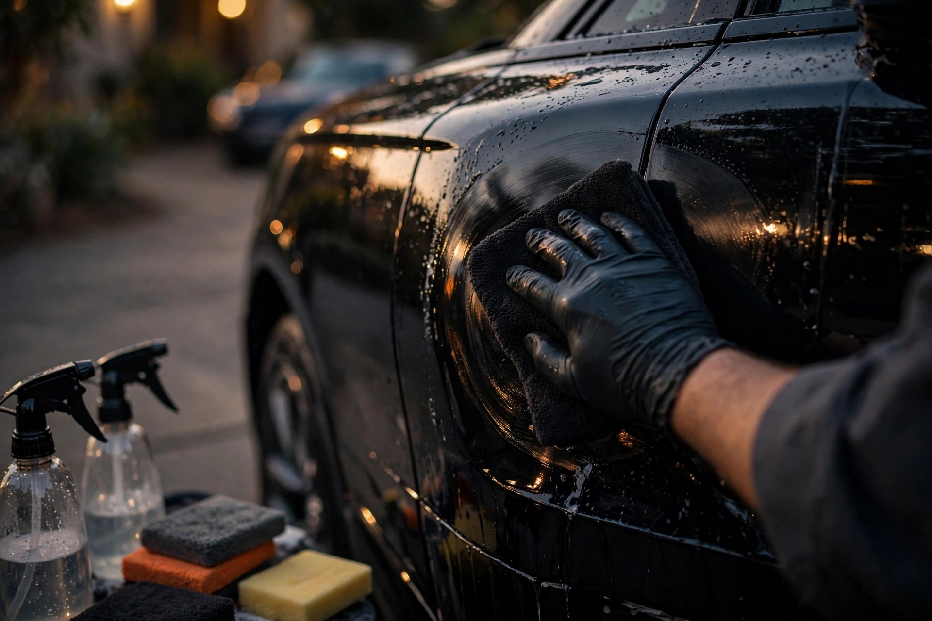 A technician hand-polishing a black SUV — concept illustration