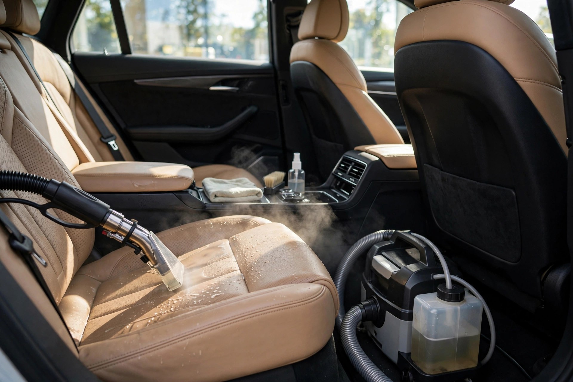 Freshly detailed car interior with steam-cleaned leather seats