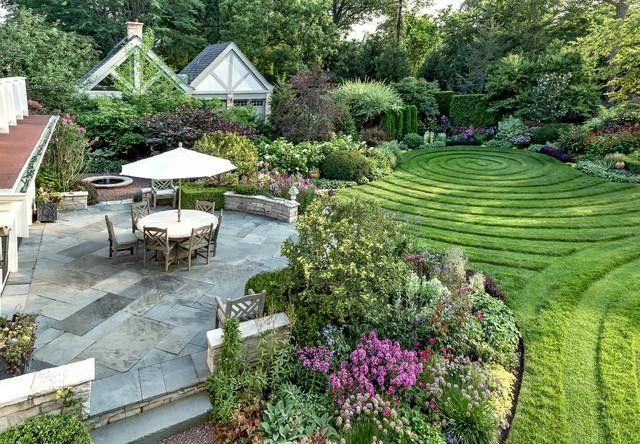 Landscaped backyard garden with lawn, planting and patio