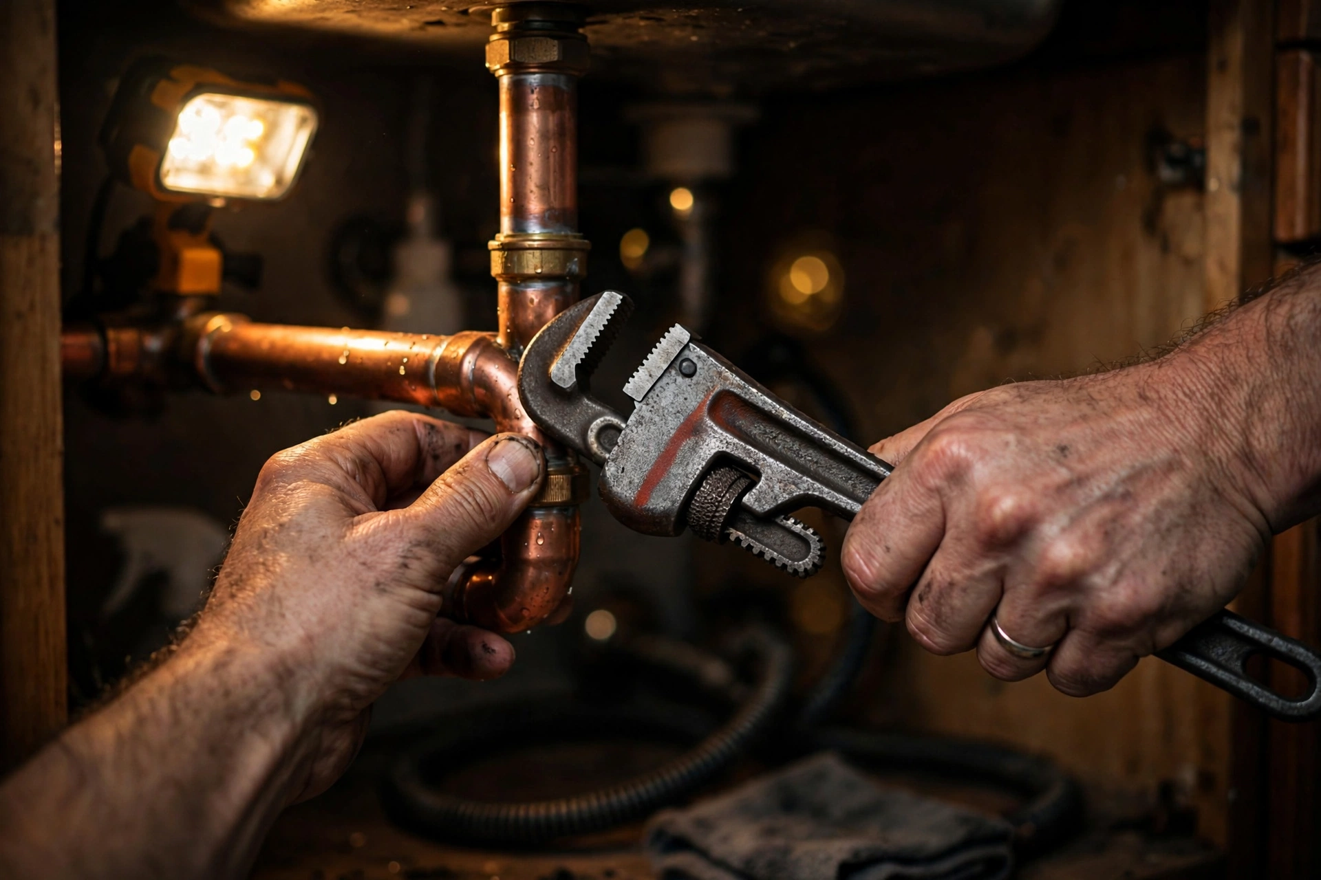 Plumber working on copper pipework