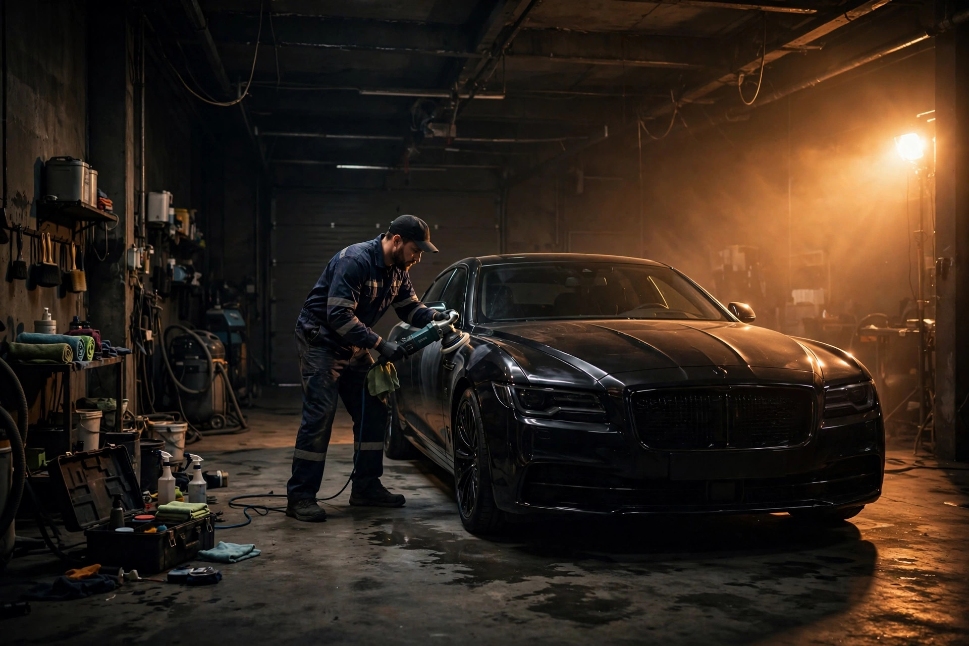 Detailer polishing a car in a moody garage