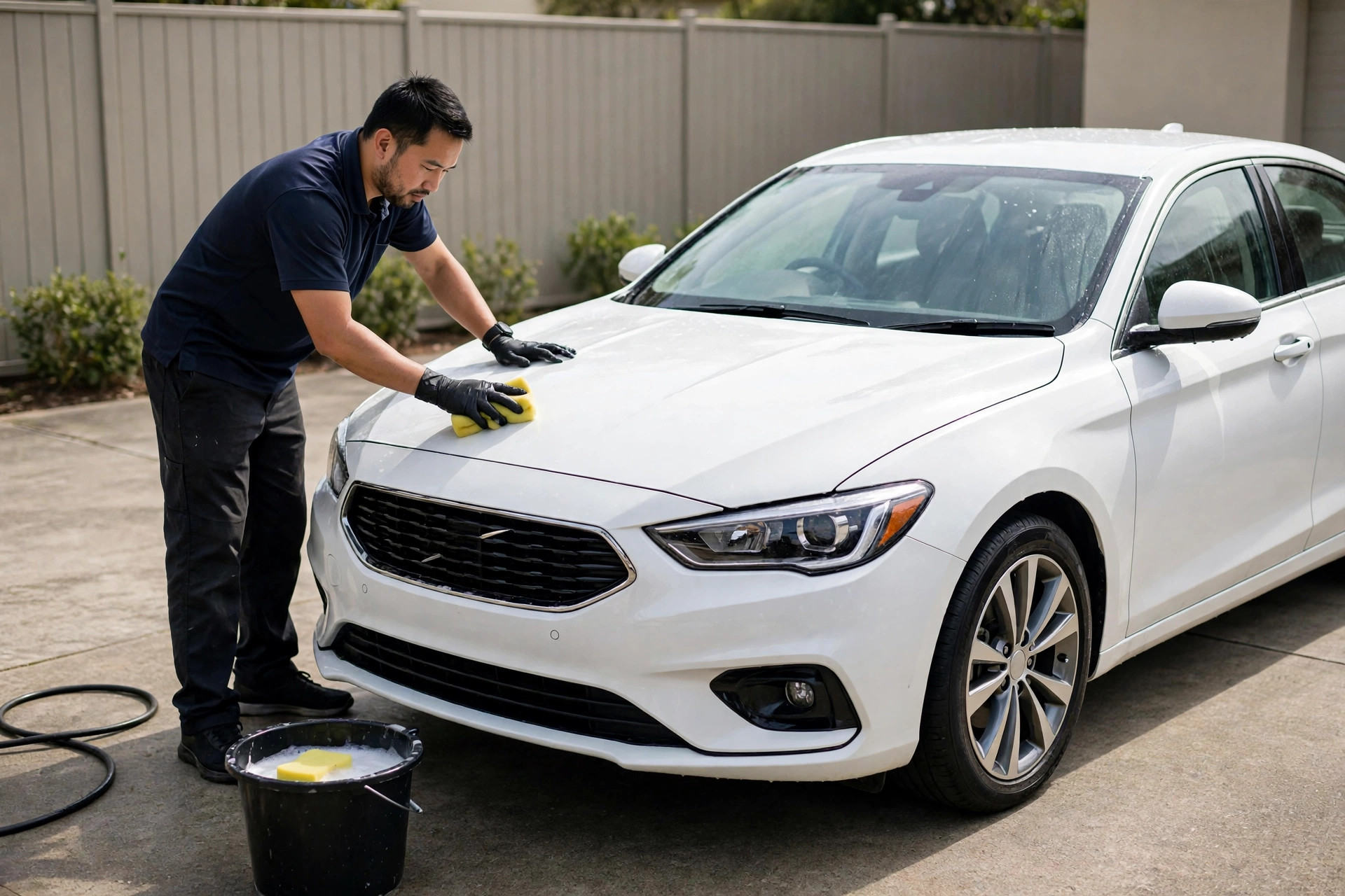 Mobile detailer washing a car in a Sydney driveway
