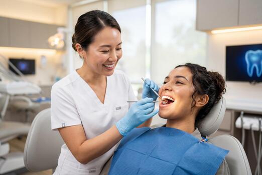 Female dentist examining a patient's teeth